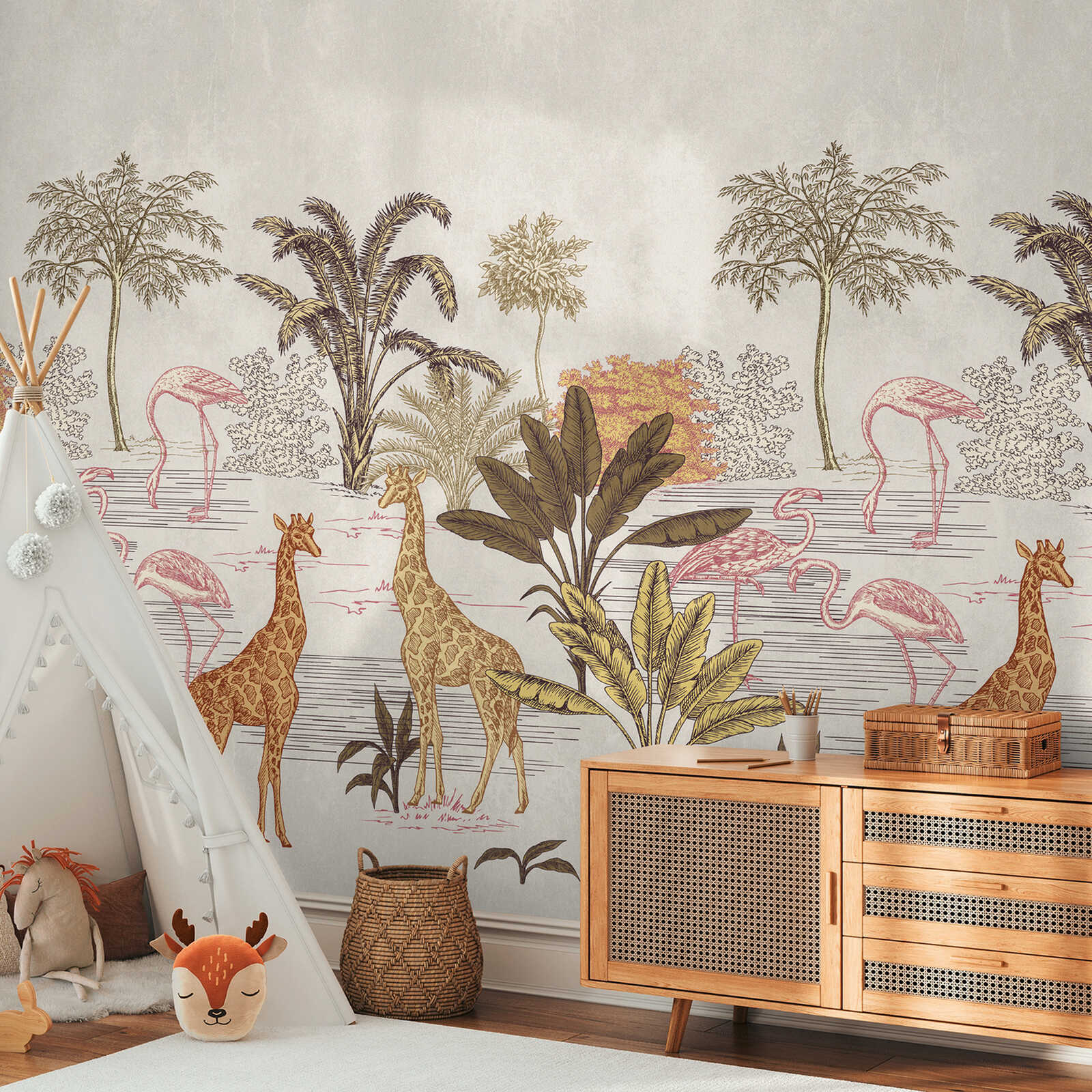         papier peint en papier intissé exotique pour chambre d'enfant avec animaux de safari et une répétition de motifs à grande échelle - crème, beige, marron
    
