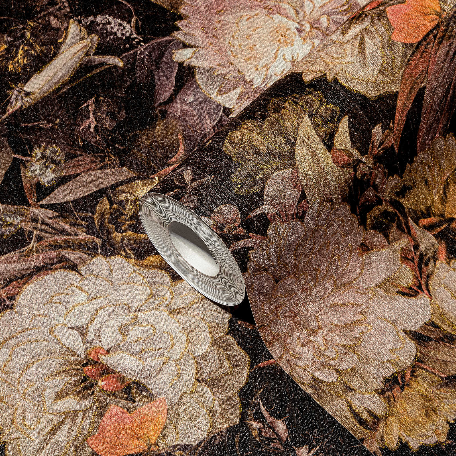             Blumentapete im Kunststil mit Rosen – Gelb, Braun
        