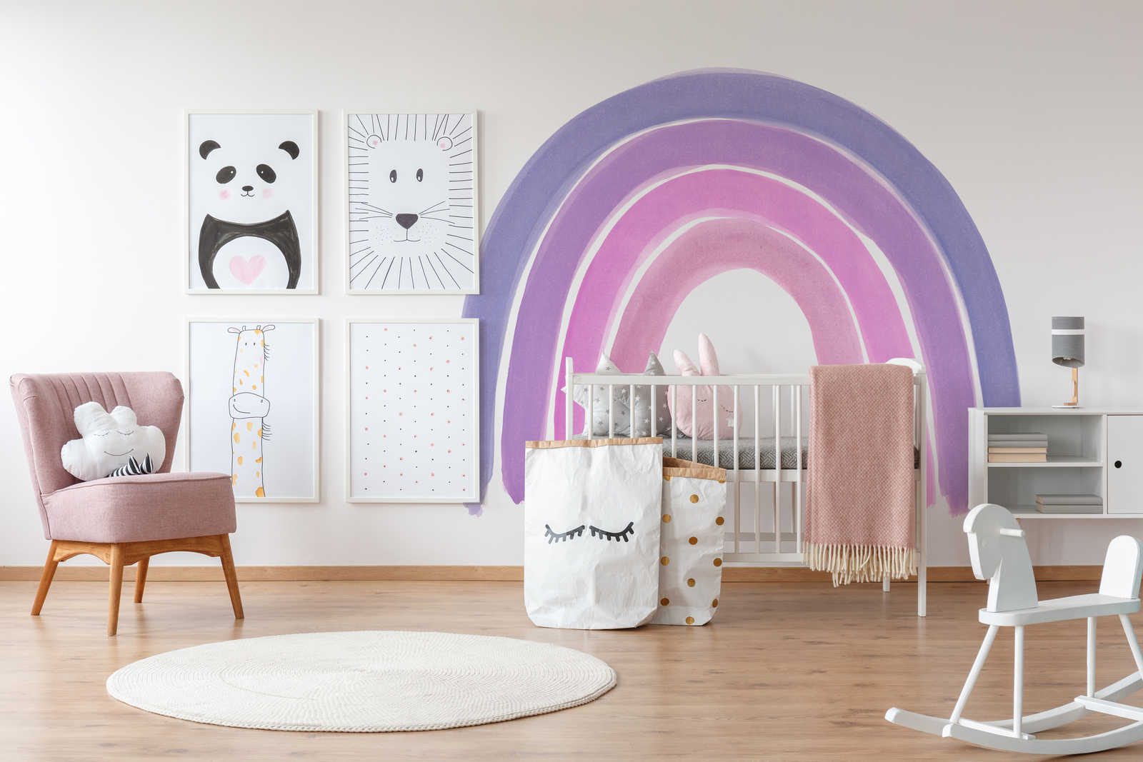         Muurschildering meisjeskamer regenboog in paars
    
