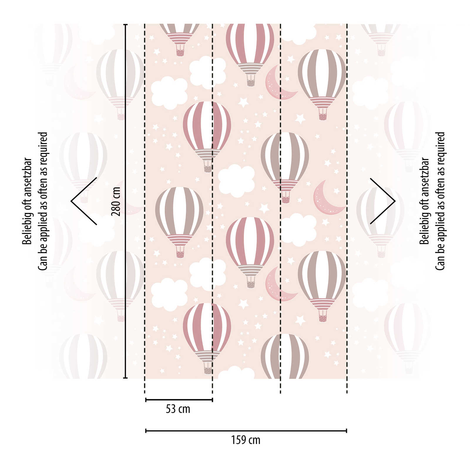             Romantic nursery wallpaper with hot air balloons and starry sky in delicate pastel shades - pink, grey, white
        