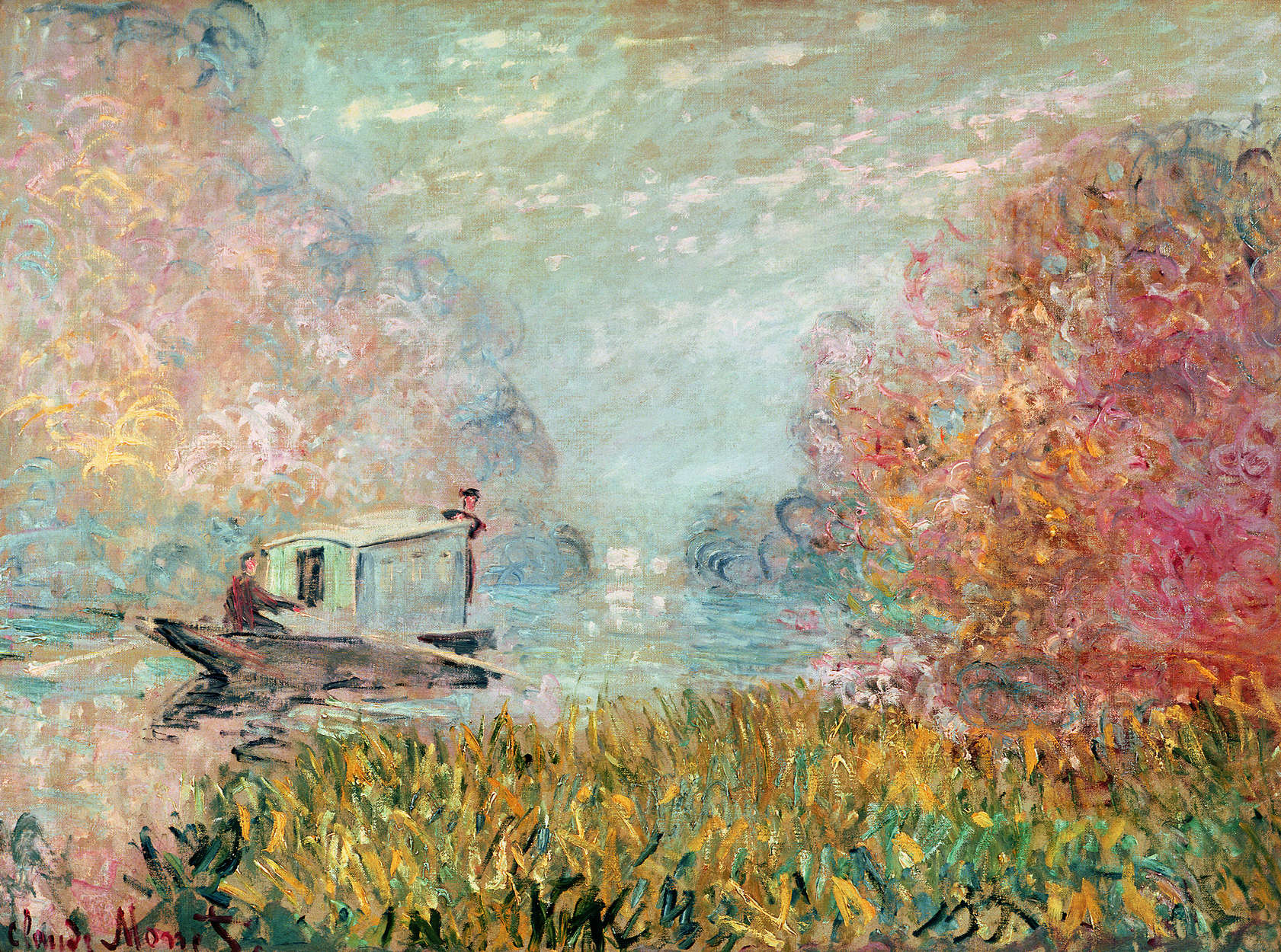 impressionist painting, Boot mit Kajüte, Wasserweg, Pastellfarben, Pinselstrich-Struktur