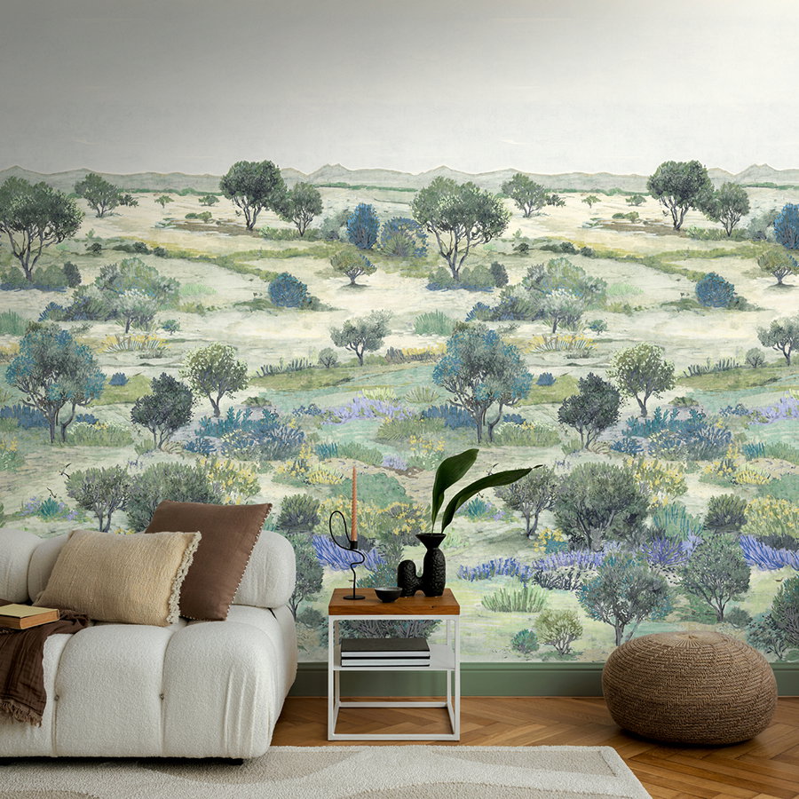 wandtapete, landschaftsprint, grüne vegetation, pflanzenmärchen, wohnzimmer wanddekoration