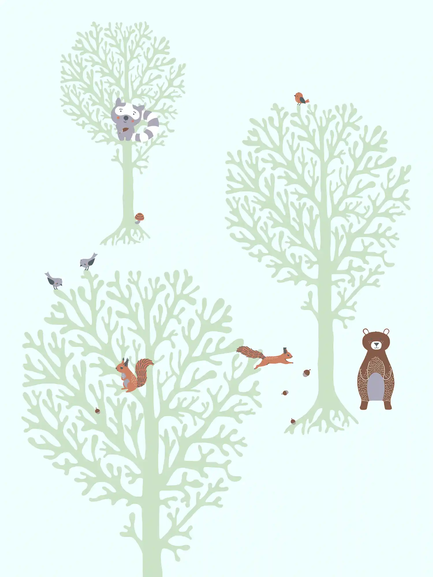         Papier peint chambre garçon Animaux de la forêt - Vert, marron, gris
    