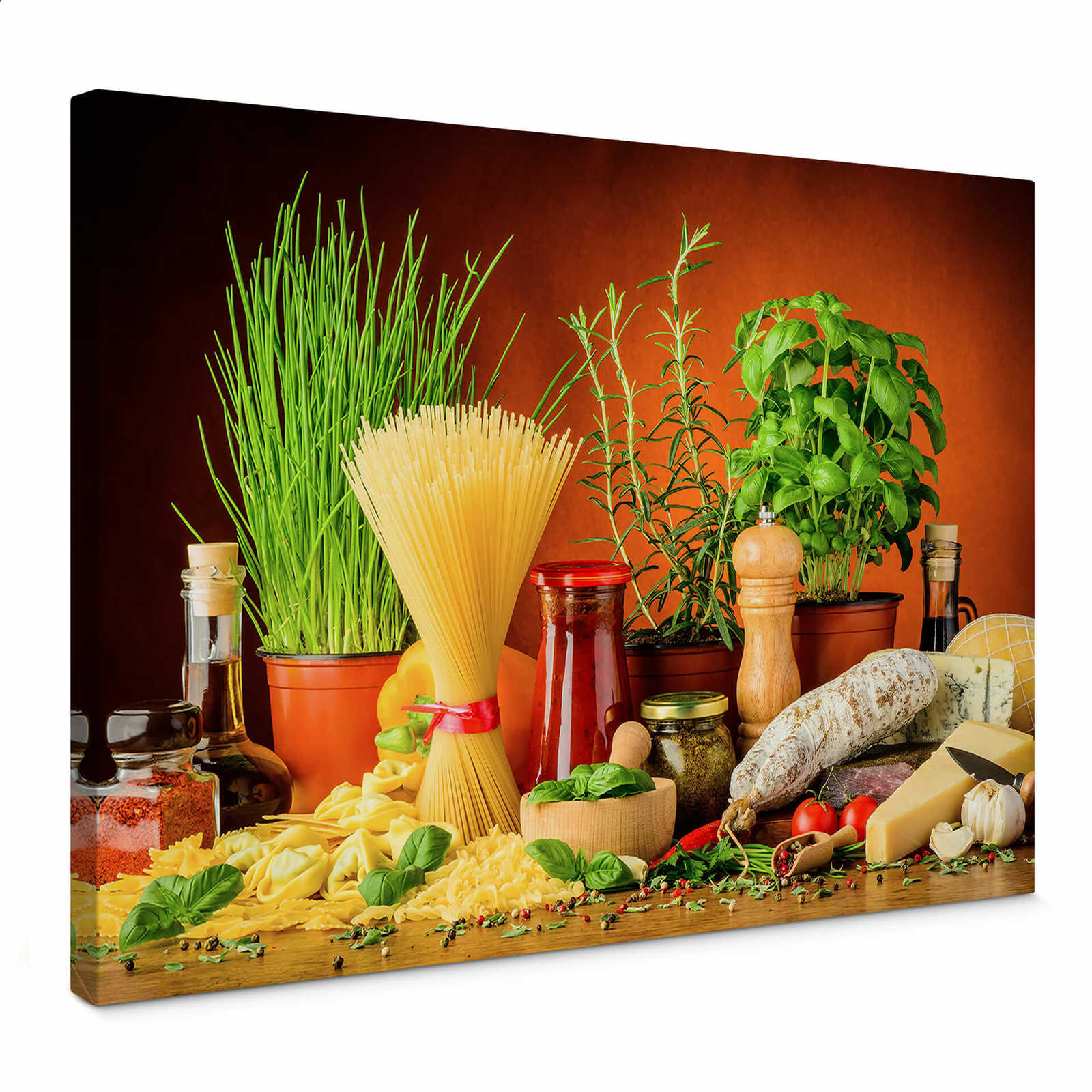         Canvas schilderij Italiaanse keuken met pasta & kruiden - 0,70 m x 0,50 m
    