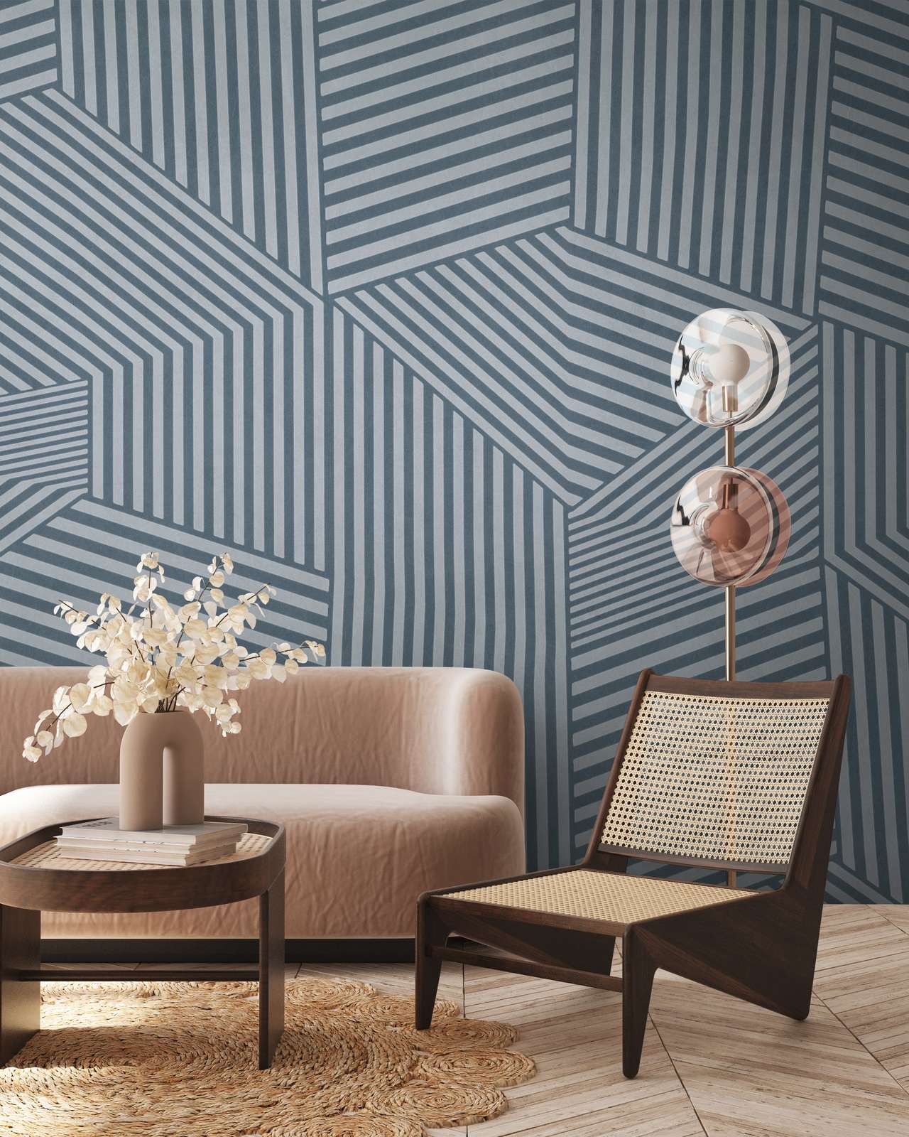 geometrische Wandgestaltung, zwei Farbtöne blau, modernes Wohnzimmer, Ledersofa?, Häkel-/Rattan-Sessel?