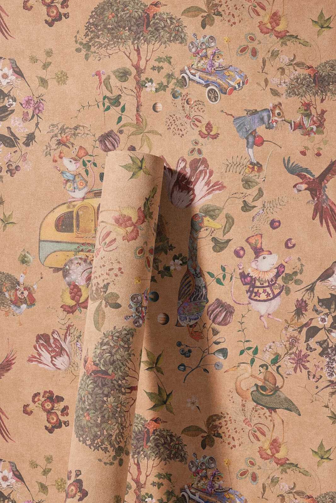 Kinderzimmer Vliestapete mit fantasievollen Waldtier-Illustrationen – Beige, Orange