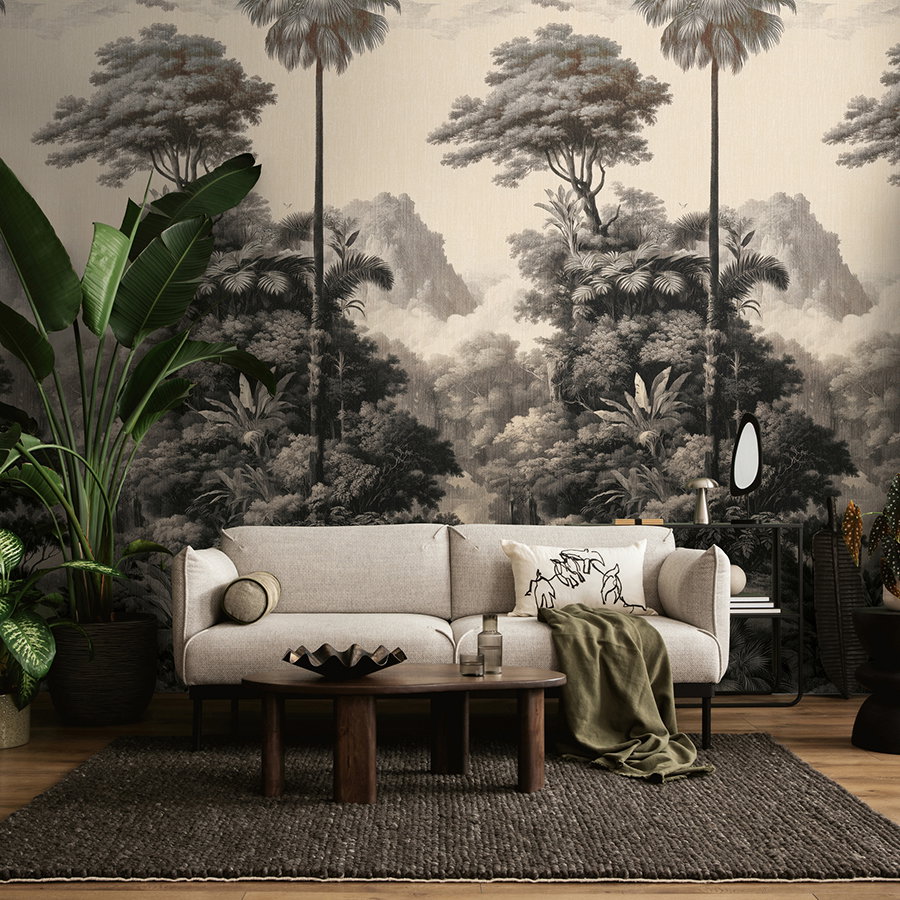 sofa, wohnzimmer, wandmalerei, pflanzen, couchtisch