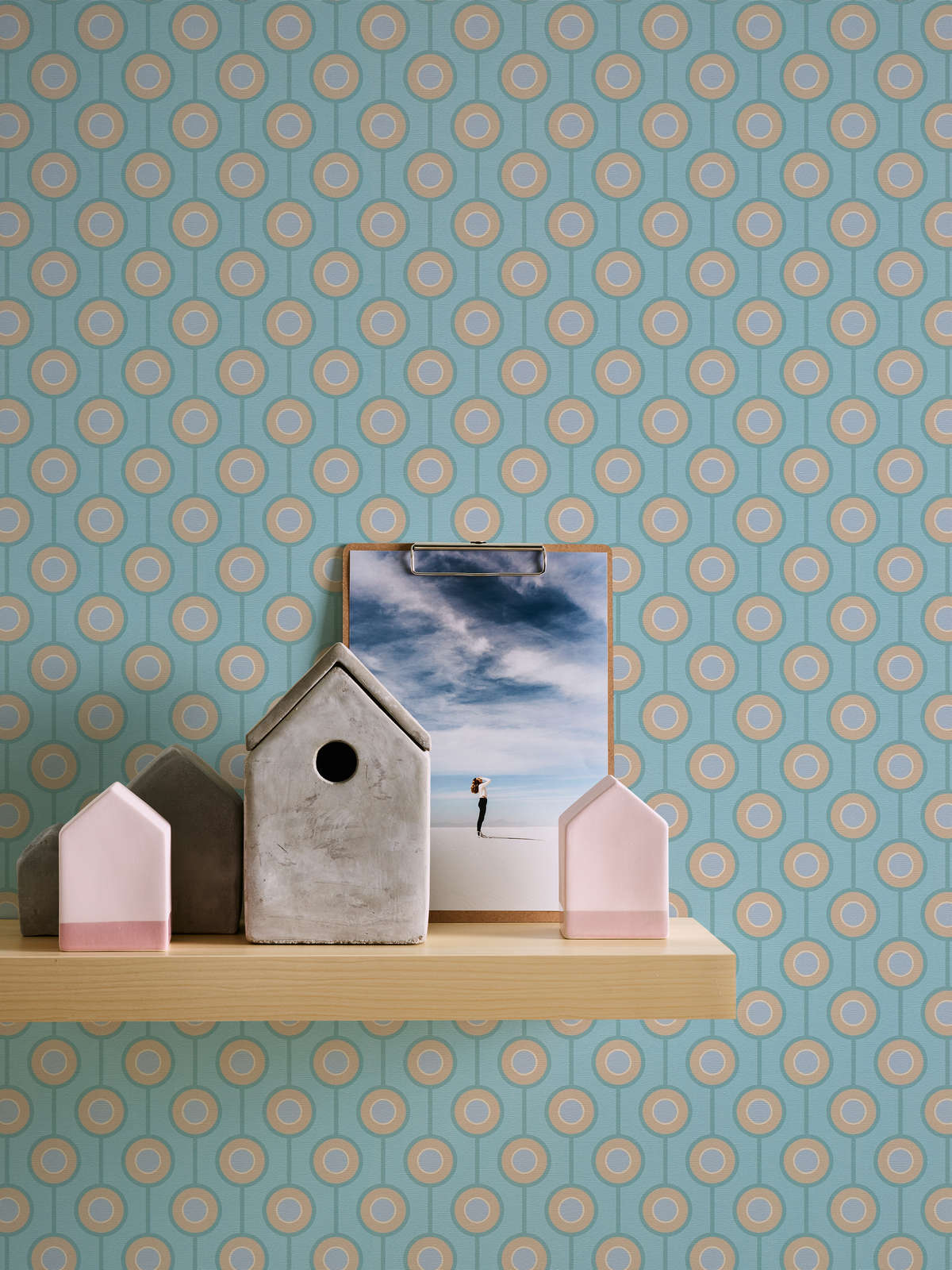            Retro Kreis Muster auf leicht strukturierte Vliestapete – Türkis, Blau, Beige
        