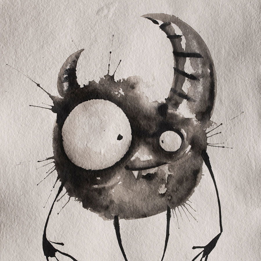         Abstract Monster Wallpaper Mural - Whimsical creature design in ink look, smooth and slightly glossy - Black, White
    