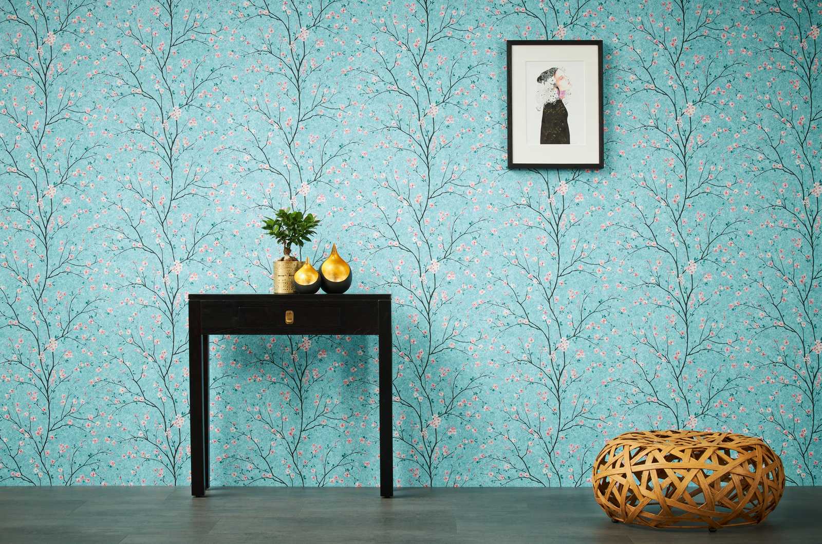             Japanse Kersenbloesem Behang - Blauw, Groen, Roze
        