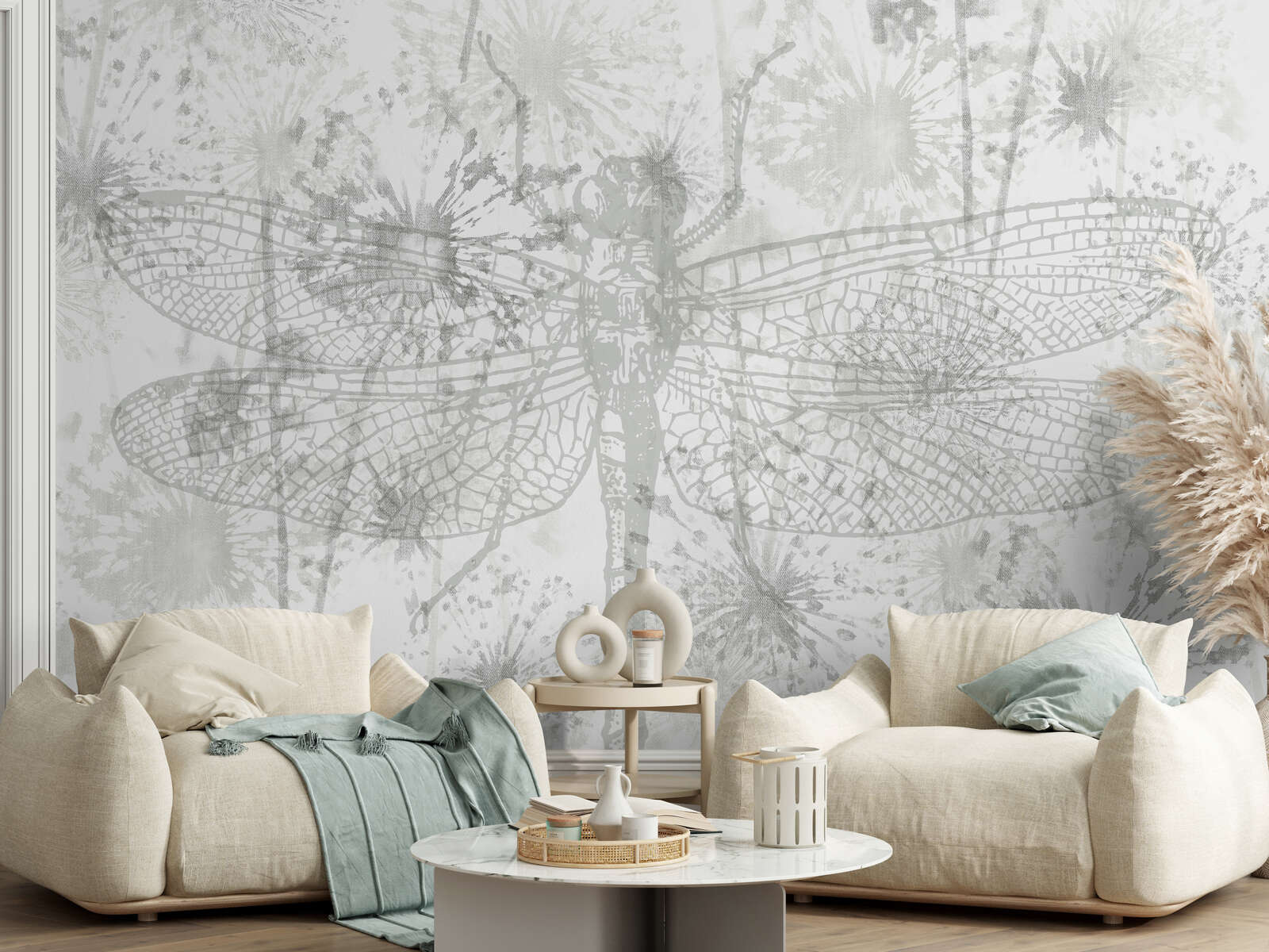 Wandtapete, Libelle, Gemustertes Wandbild, Neutrale Töne, Wohnzimmer-Dekor