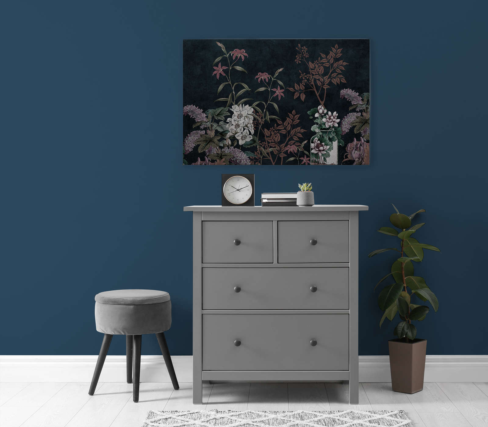             Dark Room 2 - Schwarzes Leinwandbild Botanical Muster Rosa – 0,90 m x 0,60 m
        