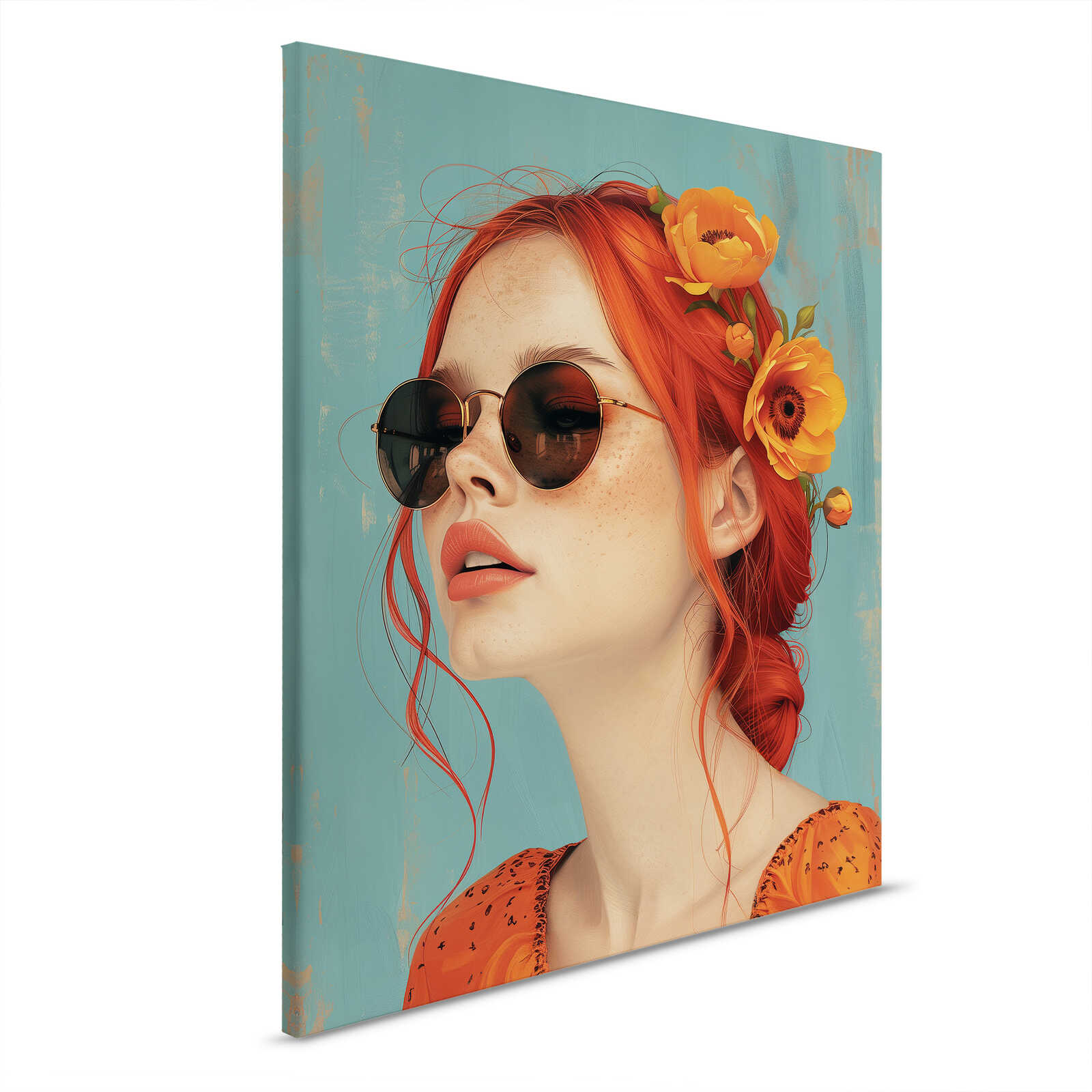         Sommerromantik - Frau mit Blumen und Retro-Charme auf Leinwand – 40 x 50 cm - Orange, Blau
    