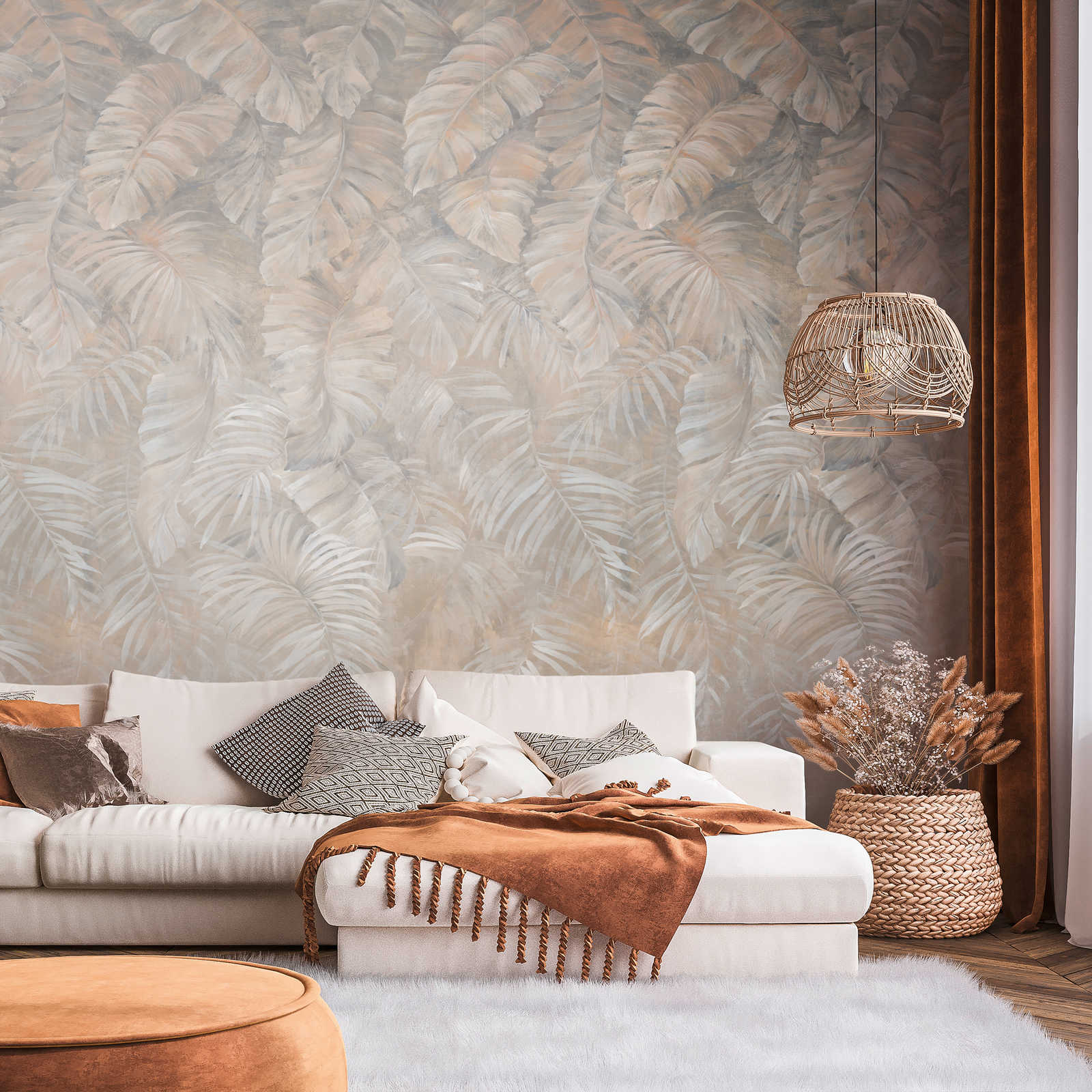 wohnzimmer, wandtapete, pflanzenmuster, sofa, deckenkoerbevase
