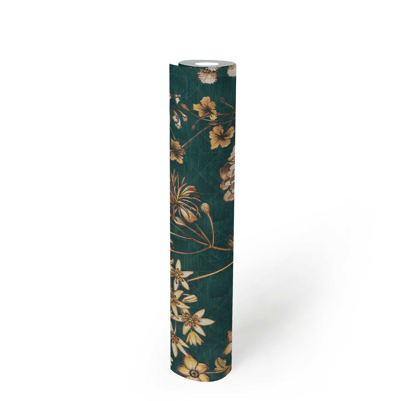 Florale Vliestapete mit Blumenmuster auf grafischen Hintergrund – Petrol, Orange, Gelb