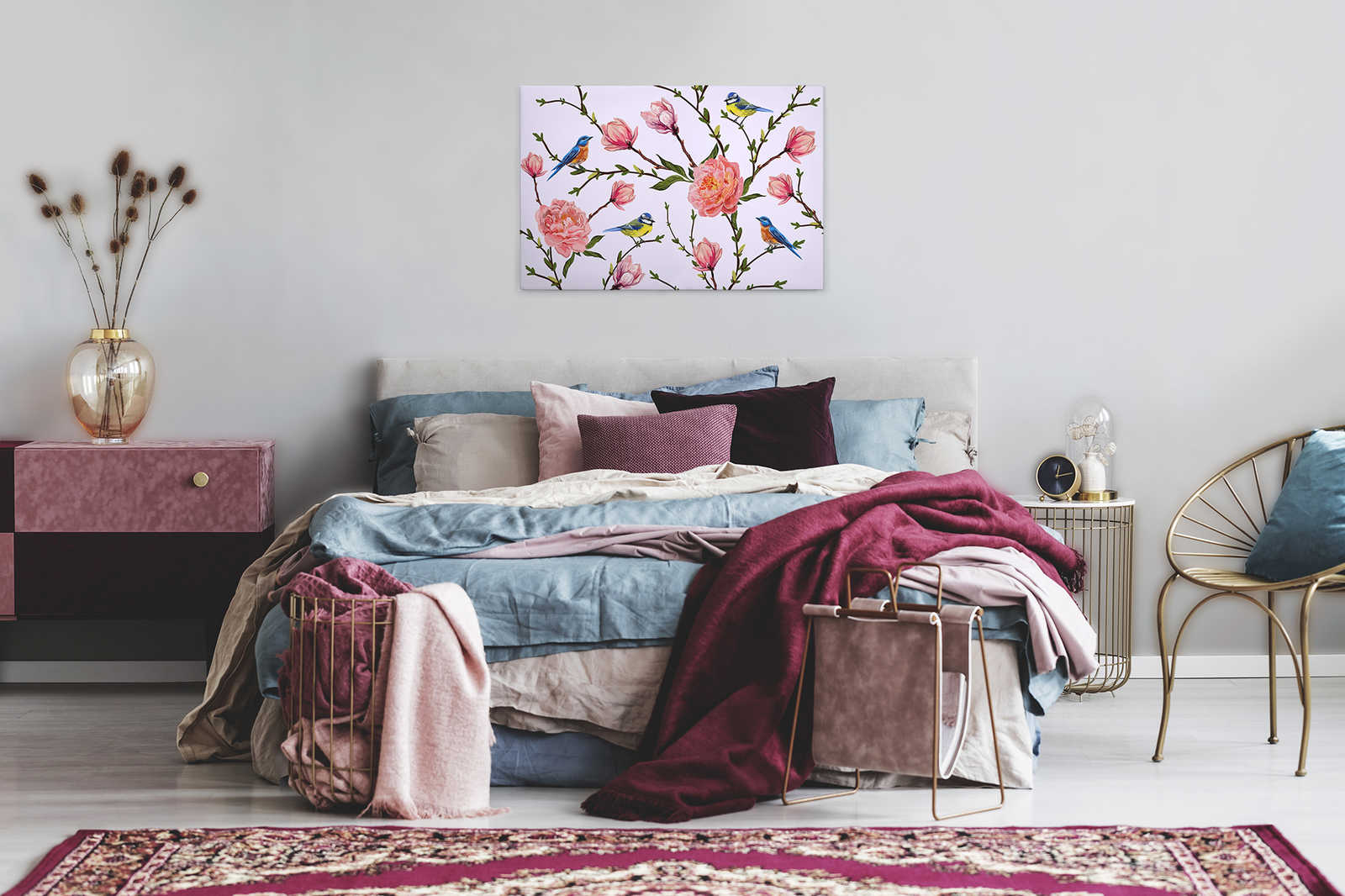             Leinwand Vögel & Blumen minimalistisch – 0,90 m x 0,60 m
        