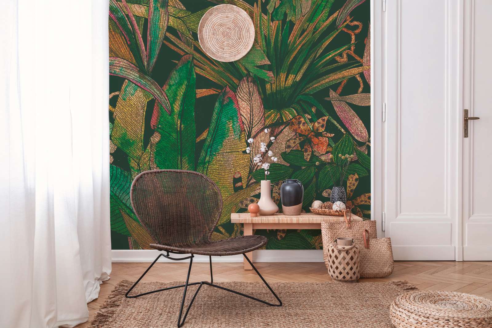             Fototapete Dschungelmotiv mit Blättern & Blumen – Grün, Beige
        