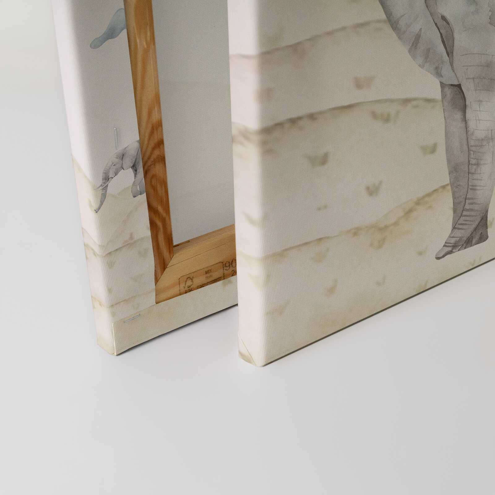             Leinwandbild Elefantenfamilie in der Savanne - Sanftes Naturmotiv für Kinderzimmerdekoration – 30 x 40 cm - Beige, Blau
        