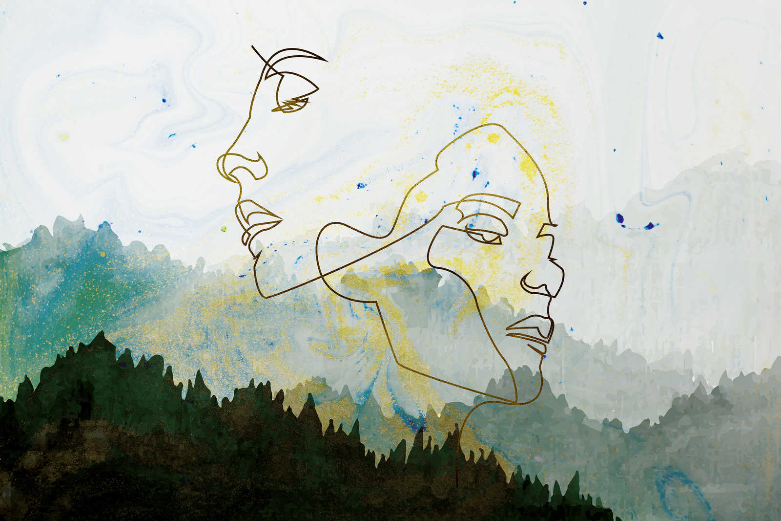Leinwandbild Liniendesign &amp; Aquarell Landschaft – 0,90 m x 0,60 m