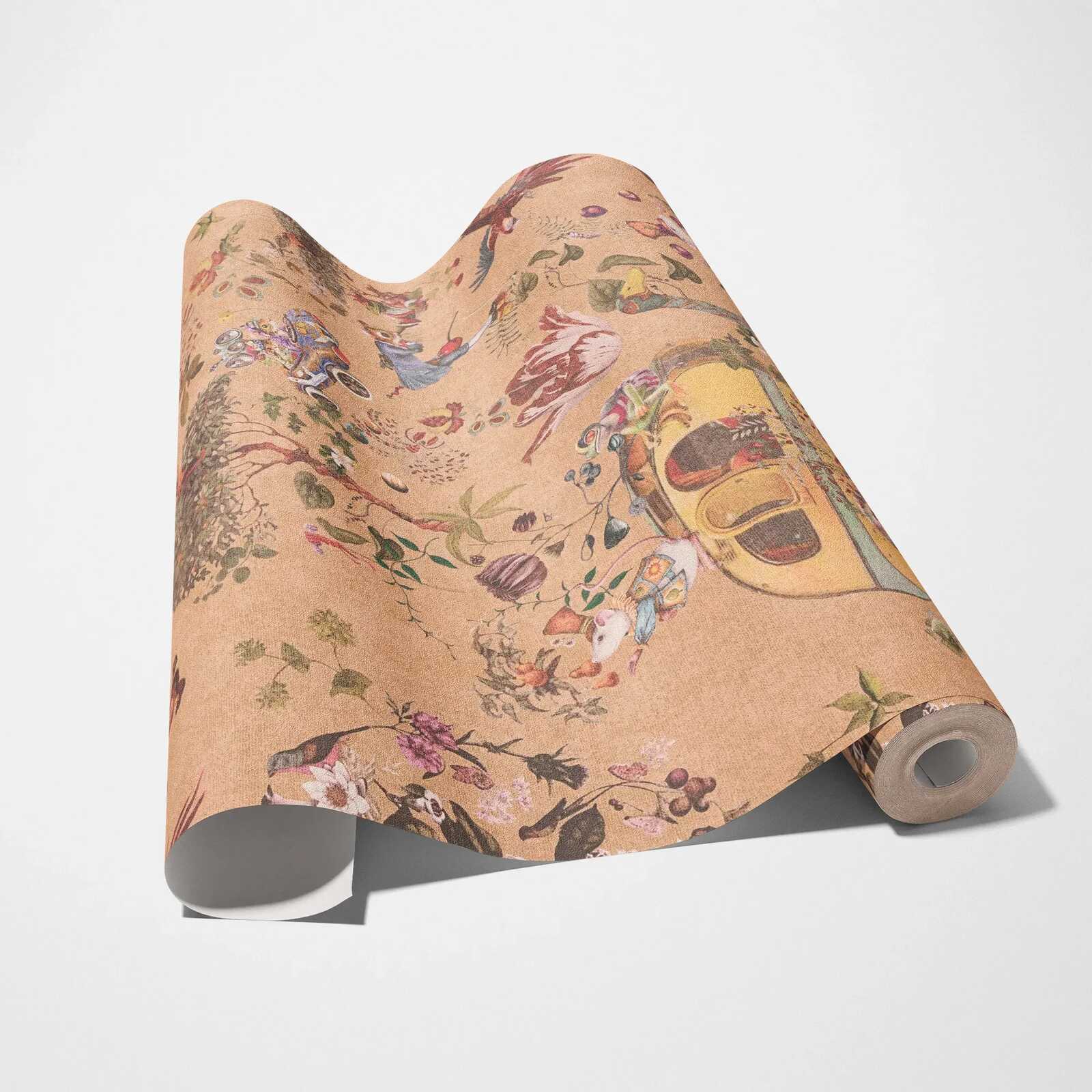 Kinderzimmer Vliestapete mit fantasievollen Waldtier-Illustrationen – Beige, Orange
