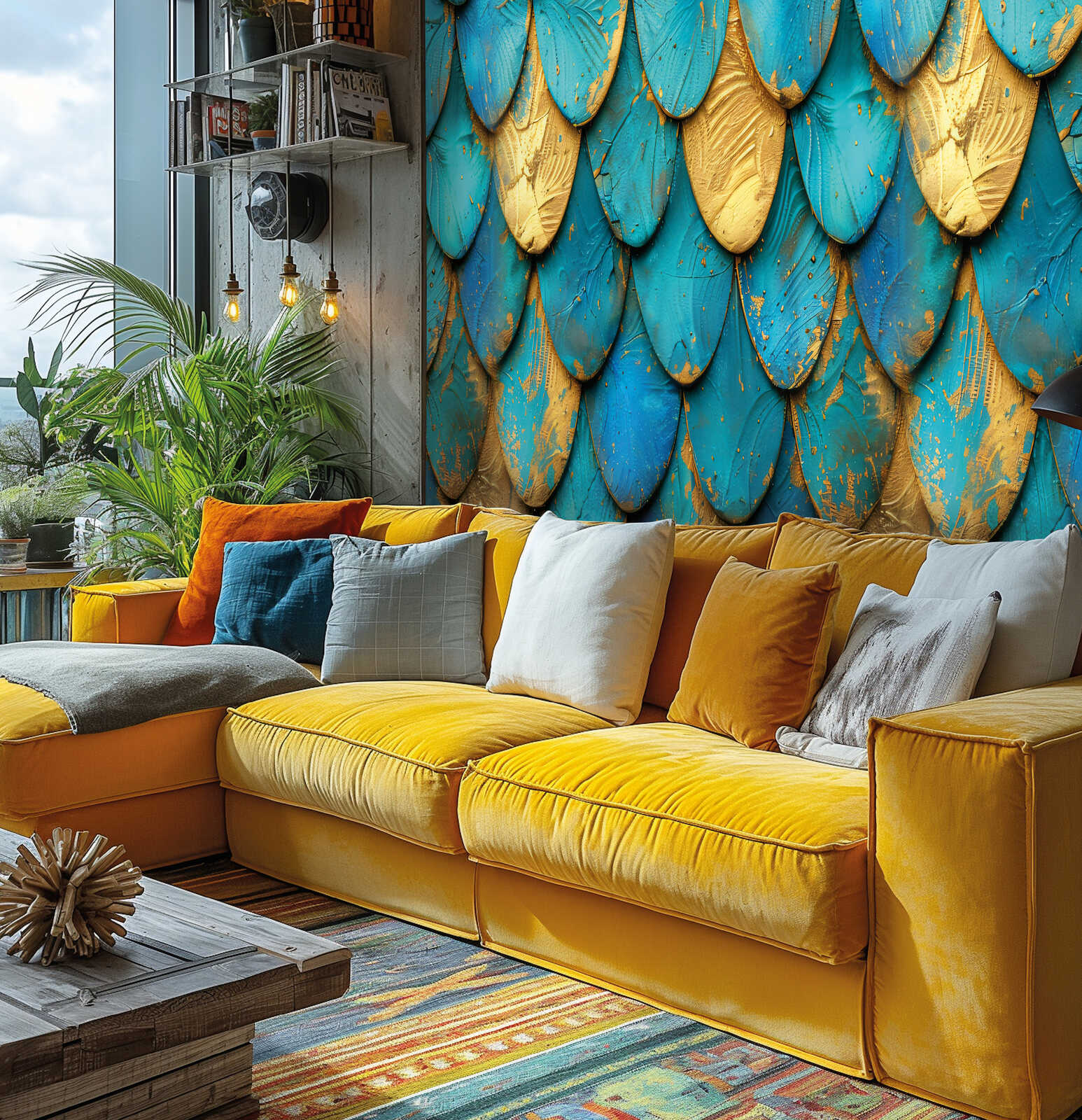         Vliestapeten Panel "Blue Scales" 159cm Breite x 280cm Höhe - Lebhaftes Schuppendesign mit goldenen Details, glatt – Blau, Gold
    