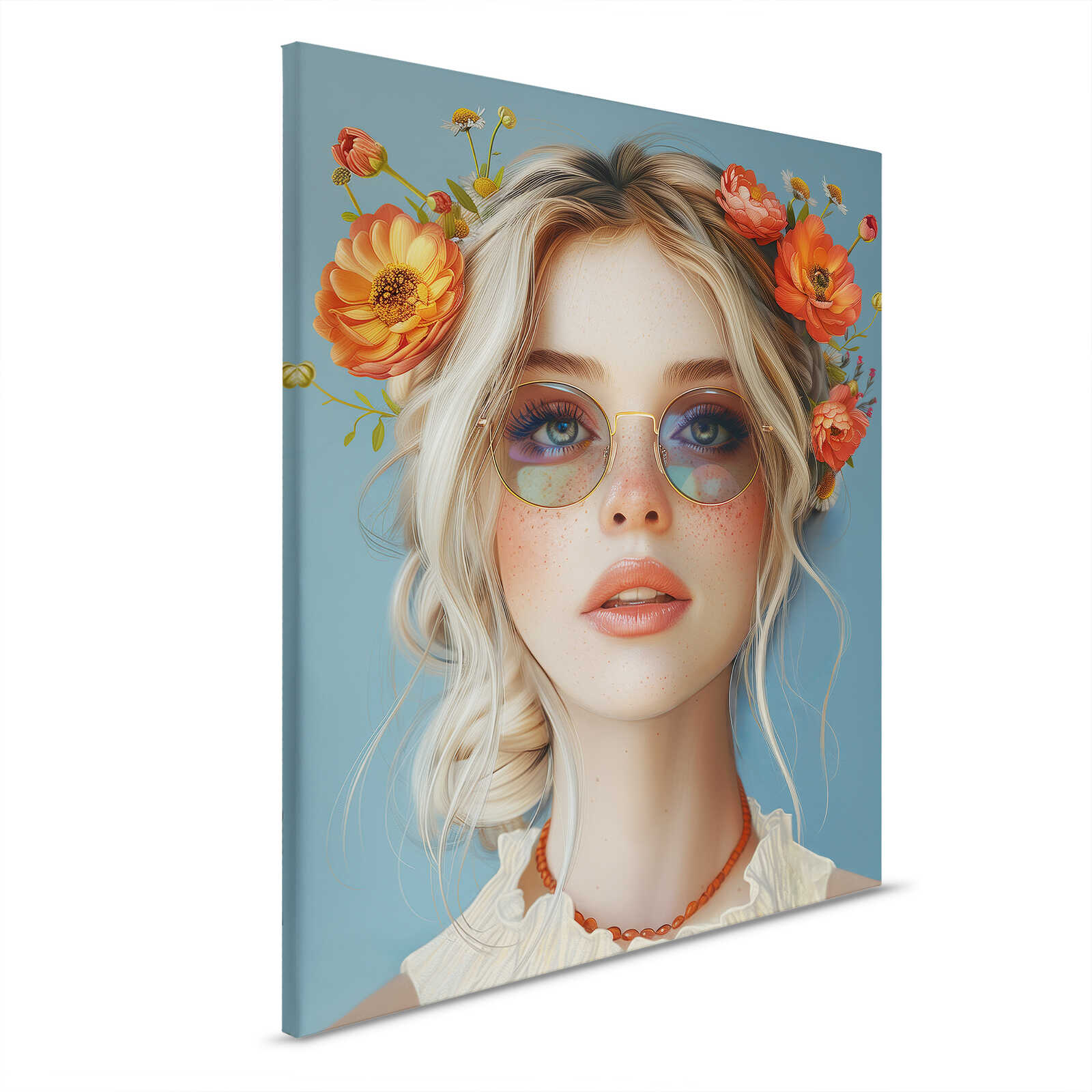         Sommertraum: Leinwandbild mit blonden Akzenten und Blumenschmuck – 40 x 50 cm - Blau, Orange
    