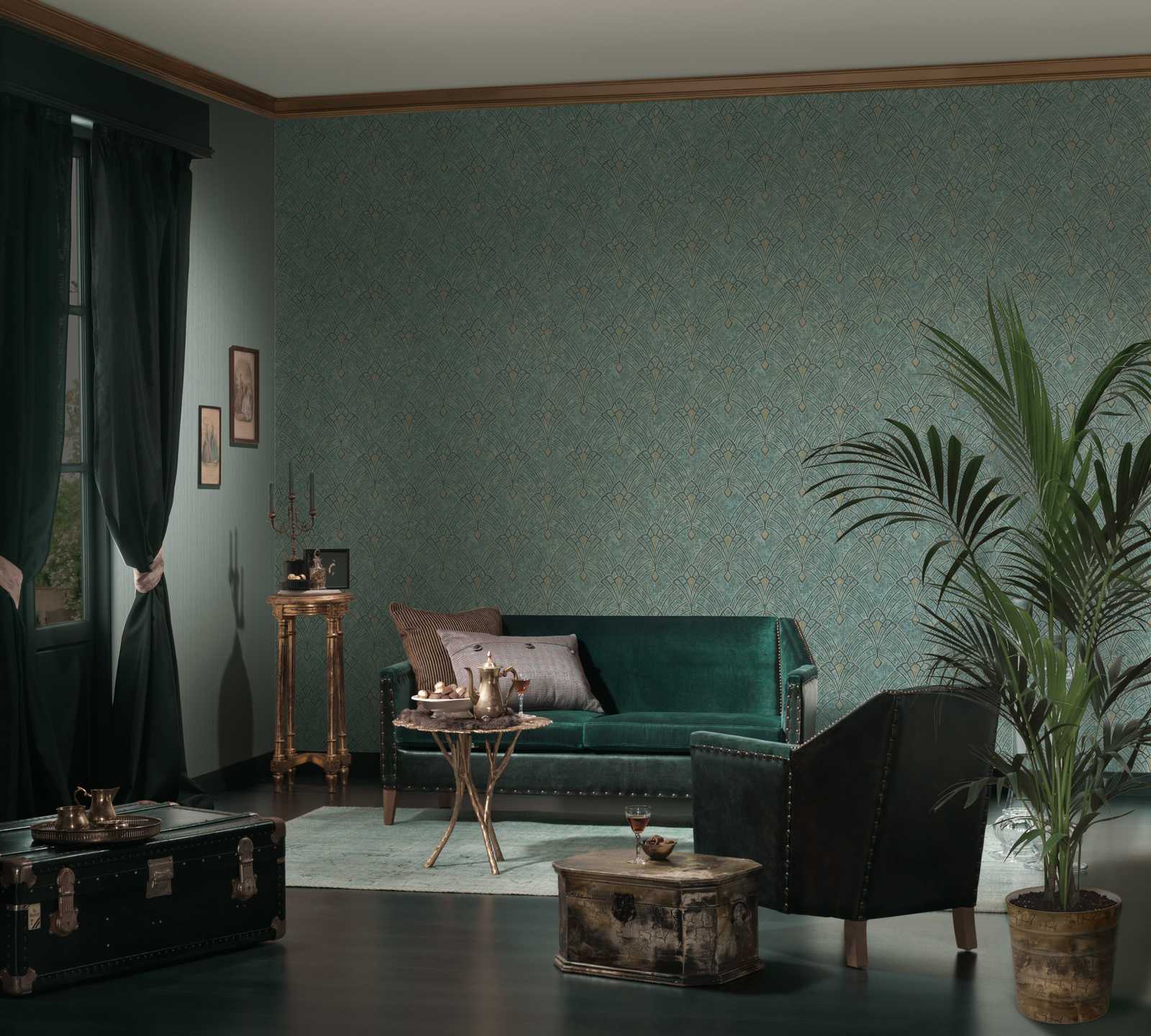             Putzoptik Tapete mit Art Deco Muster & Metallic Effekt – Beige, Creme, Gelb
        