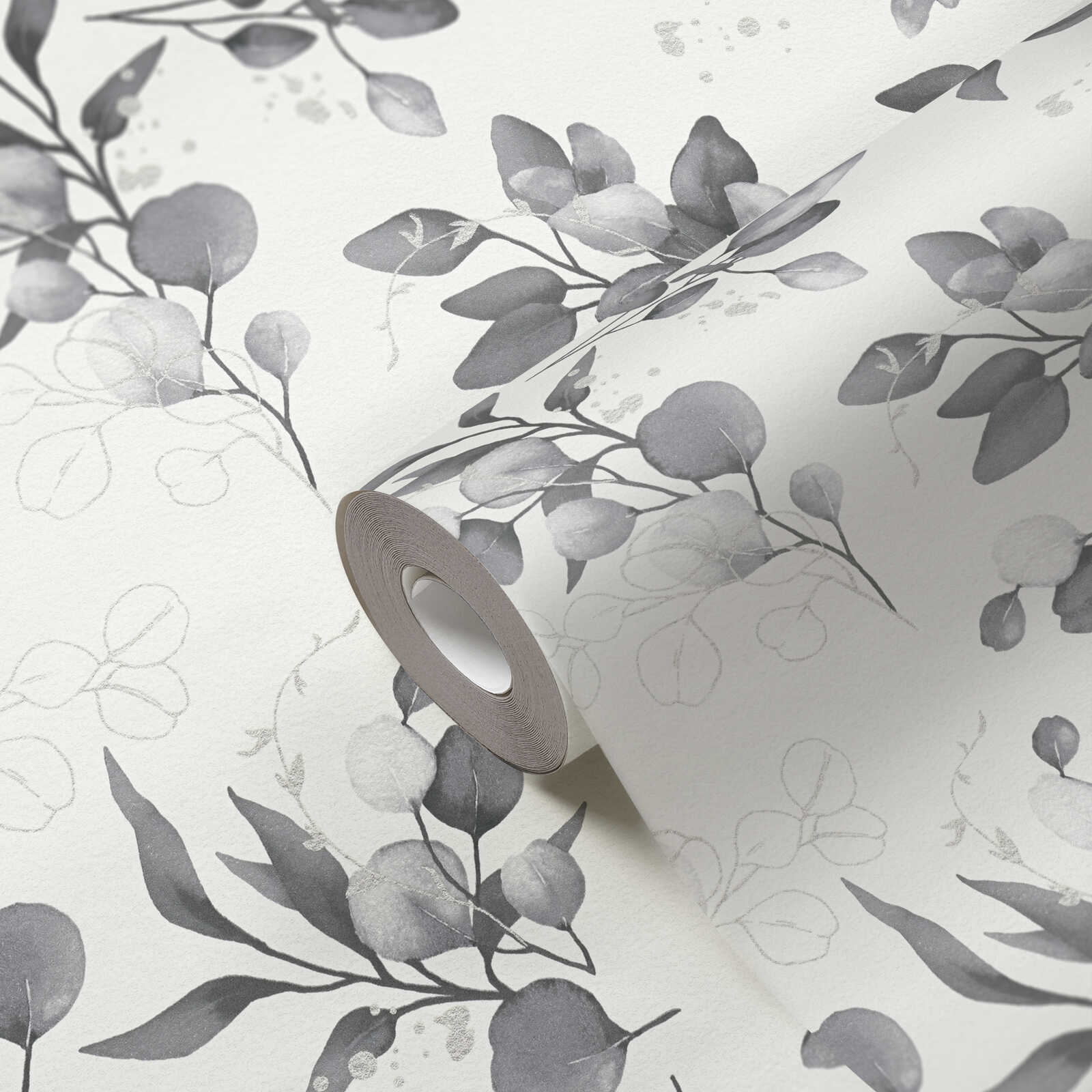             Blumen Vliestapete mit Glitzerakzenten – Weiß, Schwarz, Grau
        