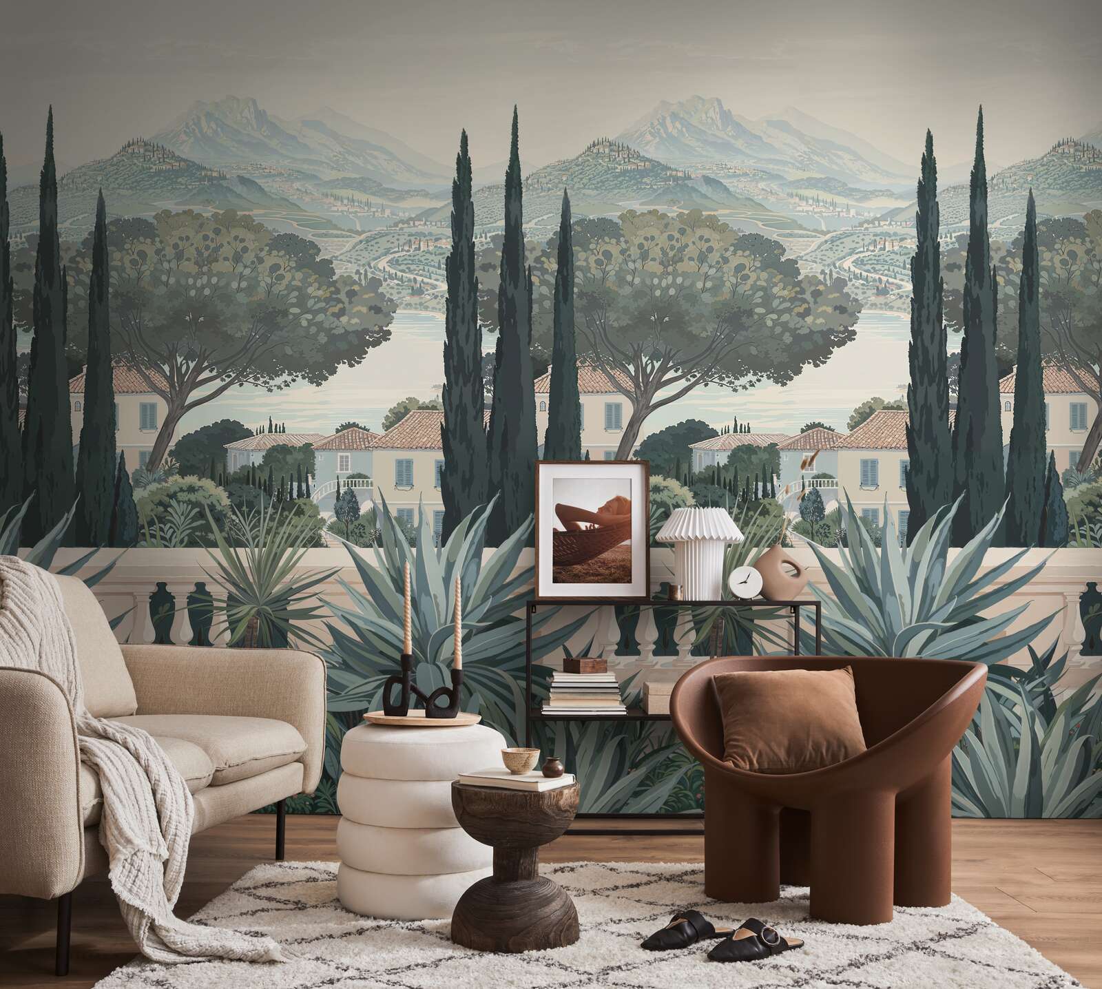 tapis backdrop, mural wanddekor, couch modern, cushion beige, handgefertigte säule