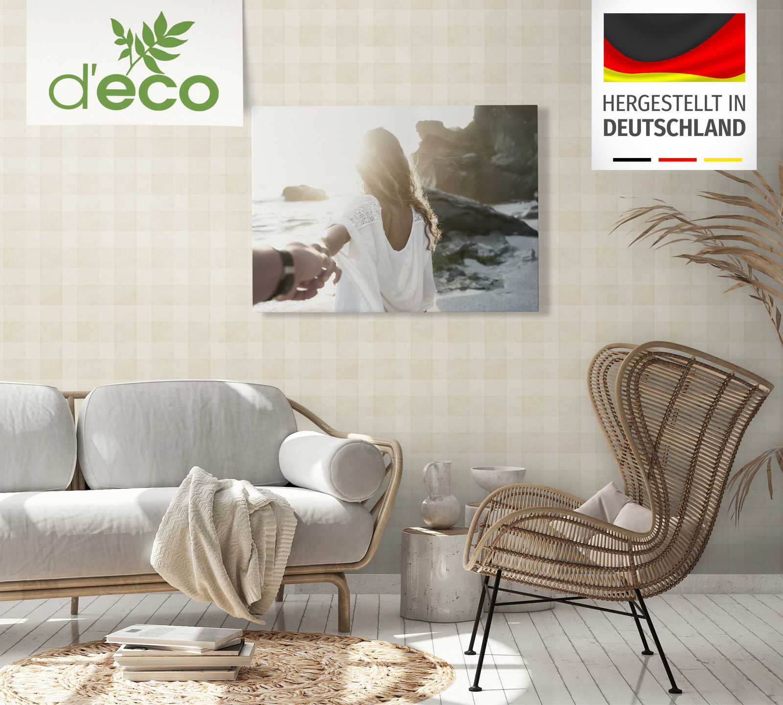 Sofa, Sitzgarnitur, Rattanstuhl, Wandbild, Wohnzimmer