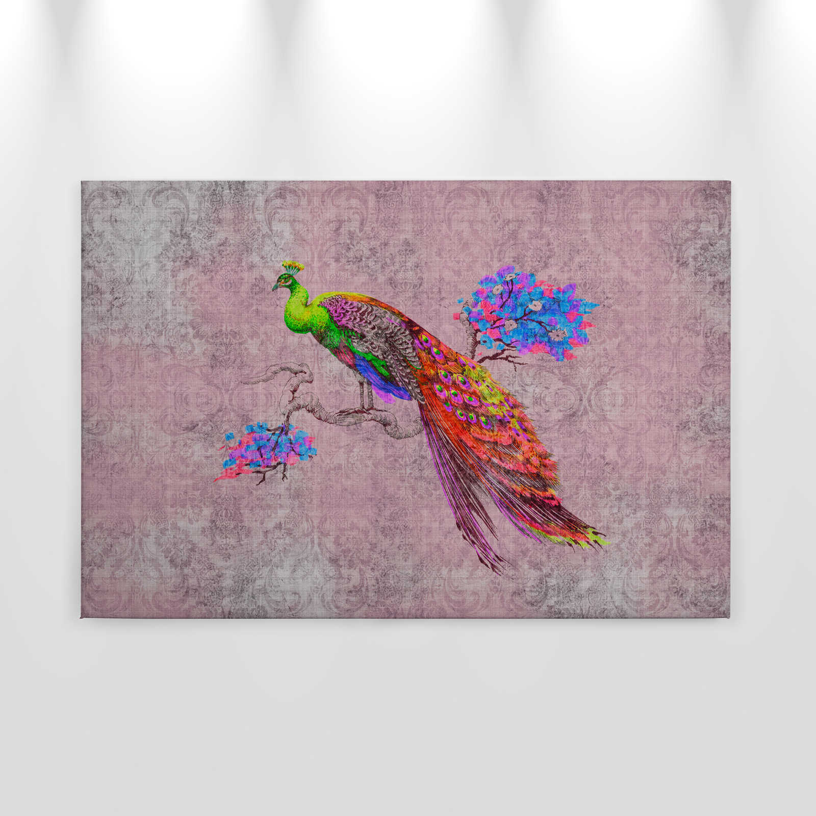 Peacock 2 - Leinwandbild mit Pfau Motiv &amp; Ornament Muster in naturleinen Struktur – 0,90 m x 0,60 m