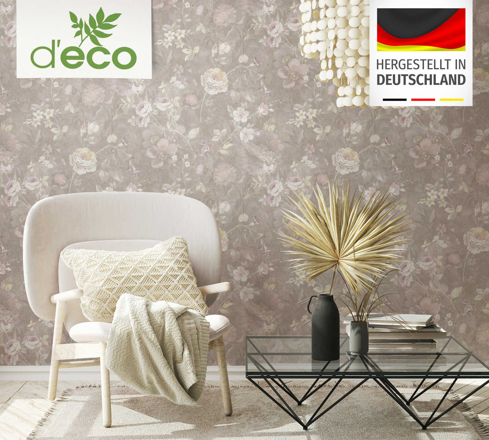             PVC-freie Vliestapete mit Blumenmuster – Braun, Bunt, orange
        