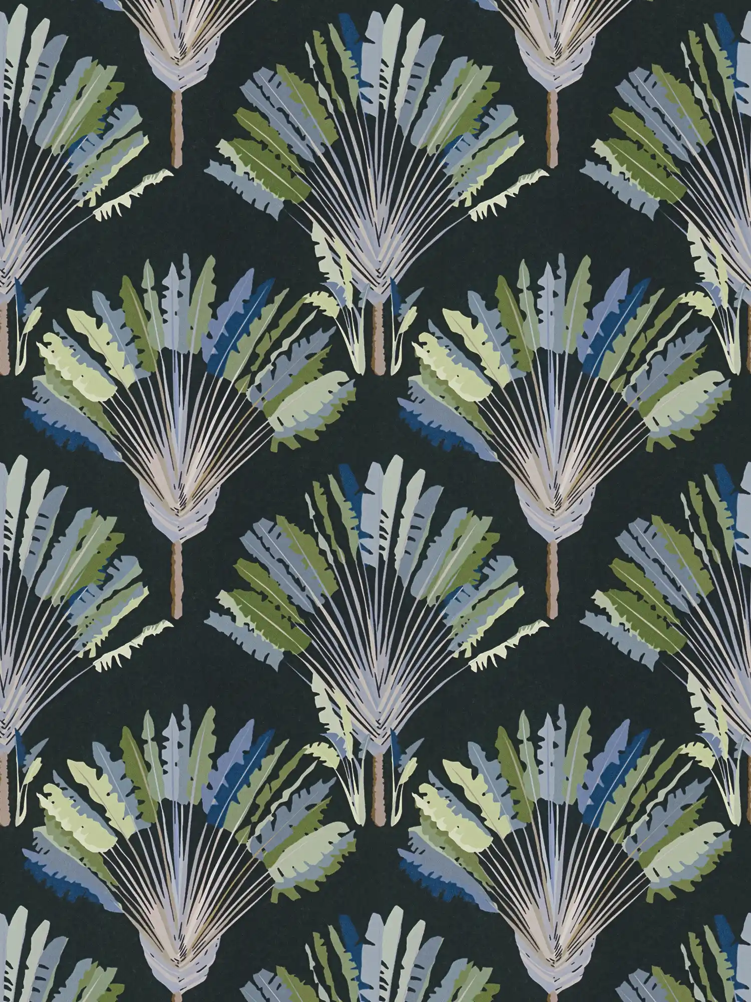 Dunkle Tapete Palmen Design mit Musterdruck – Grün, Schwarz, Blau