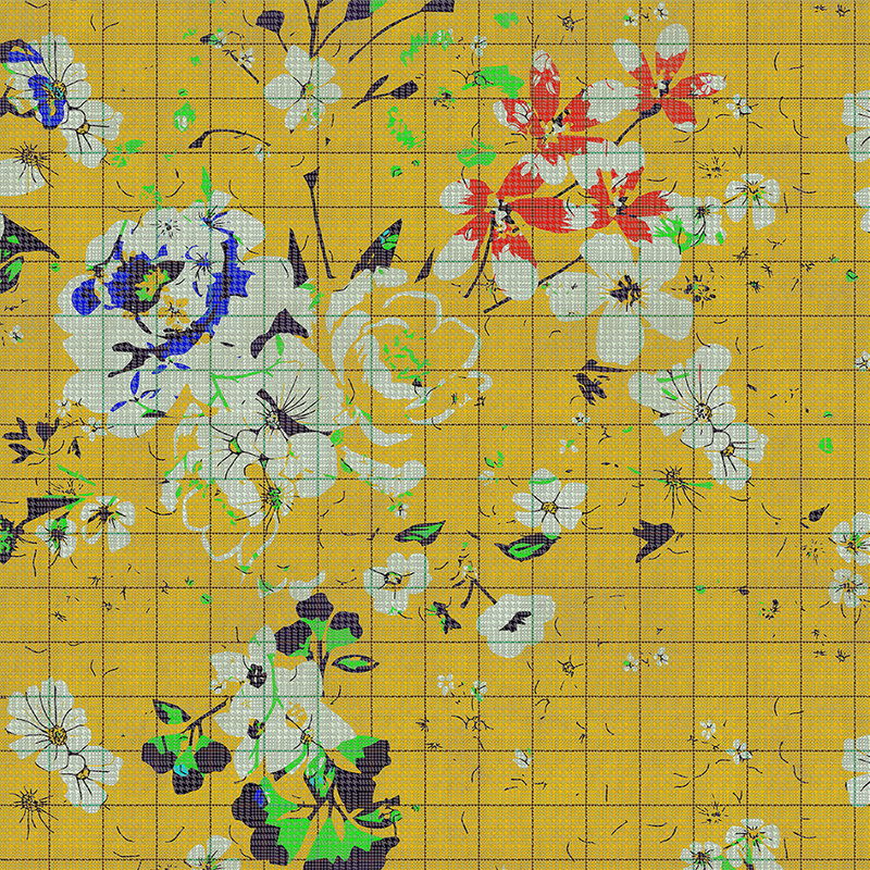         Flower plaid 1 - Fototapete buntes Blumenmosaik Gelb mit karierter Optik – Blau, Gelb | Premium Glattvlies
    