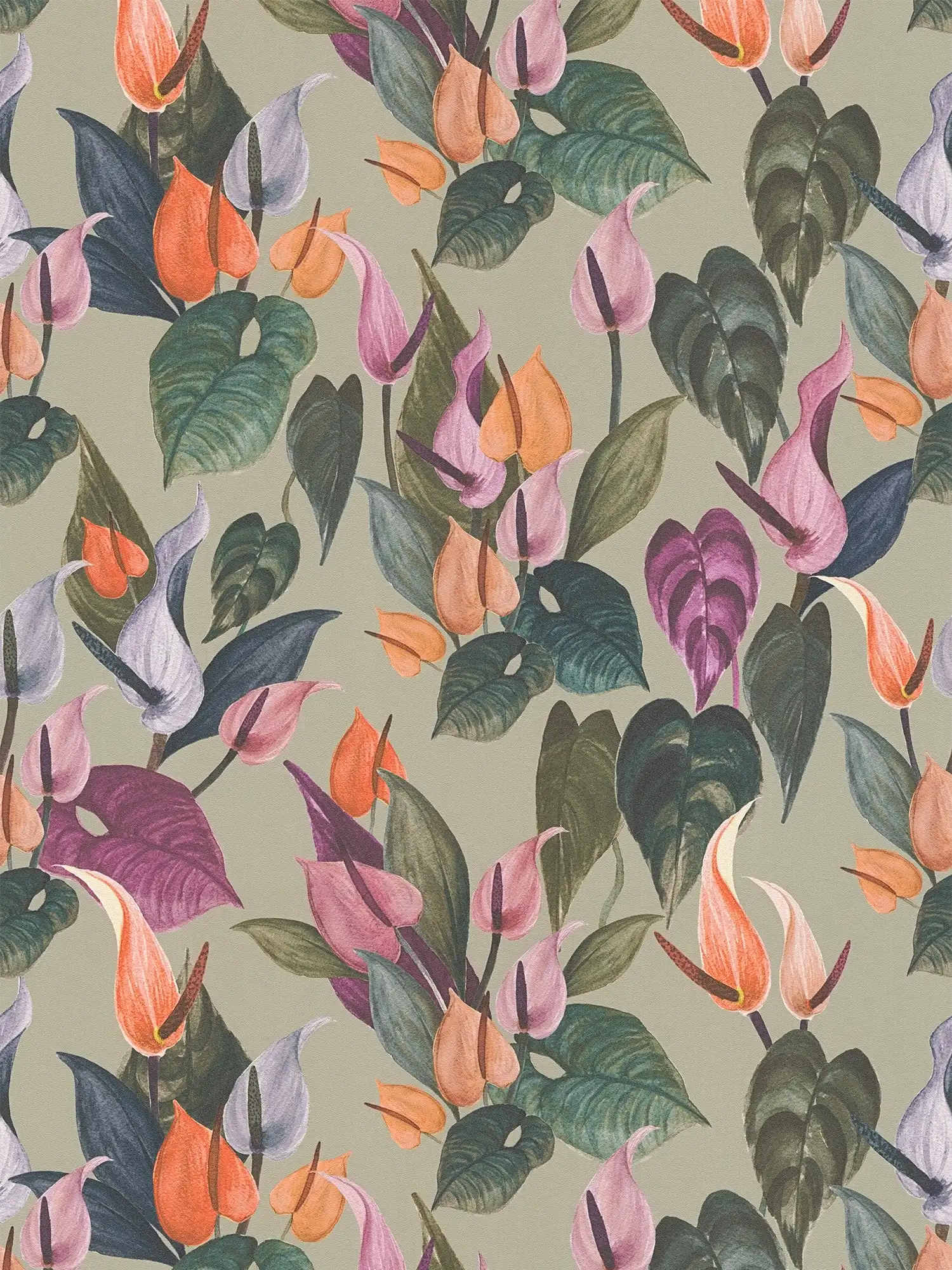         Levendig vliesbehang met een wild bloemen- en bladmotief, gelijkmatige textuur - grijs, kleurrijk
    