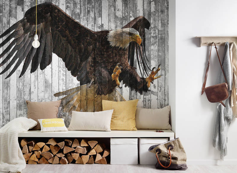             Eagle Art Style Wood Look Behang - Oranje, Grijs, Bruin
        