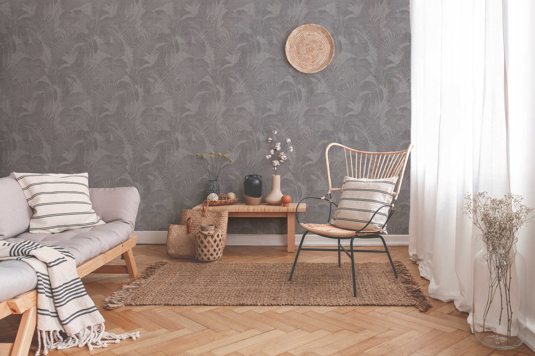 Boho Dschungel-Tapete mit Leinen Optik – Braun, Grau, Beige