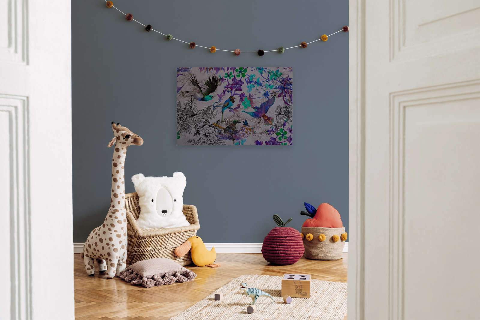             Violettes Leinwandbild mit Blumen & Vögeln – 0,90 m x 0,60 m
        