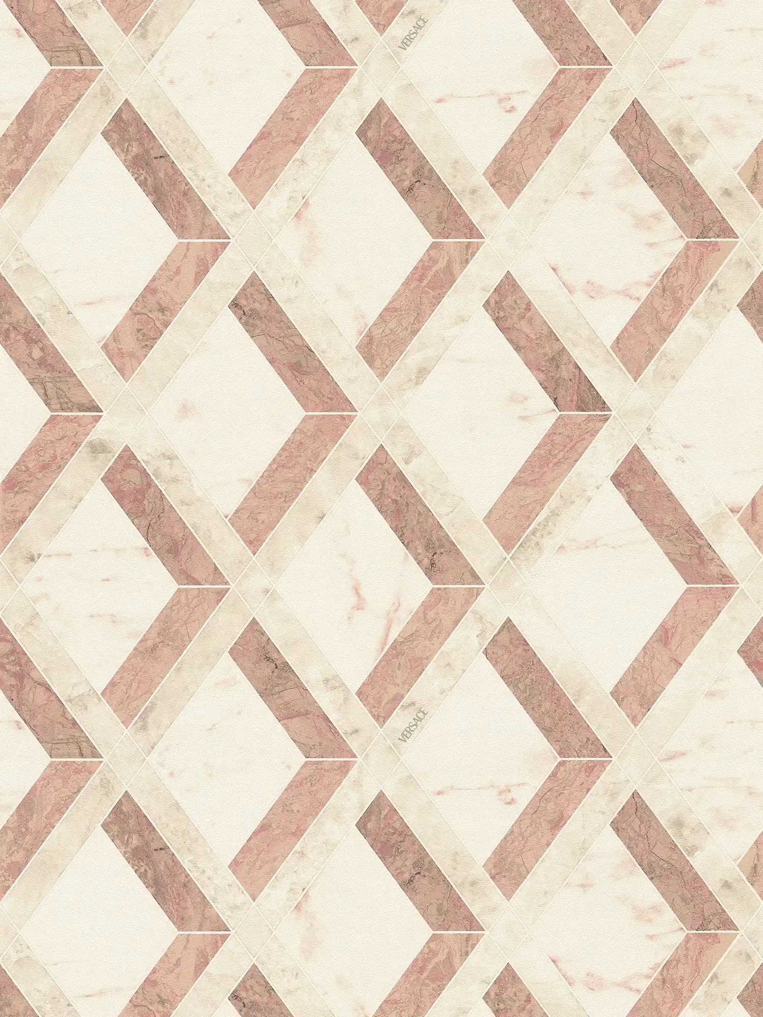 VERSACE Vliestapete mit stilvollem Marmorrelief & dekorativem Rautendesign matt leicht strukturiert – Creme, Rosa, Weiß