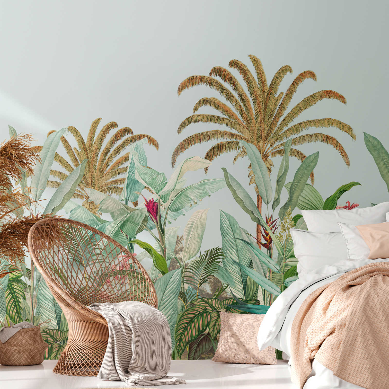         Vliestapete mit Dschungelmotiv in kräftigen Farben – Blau, Grün, Pink
    