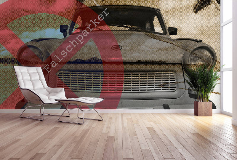 old-t car mural, car grille, front view, classic car, indoor mural