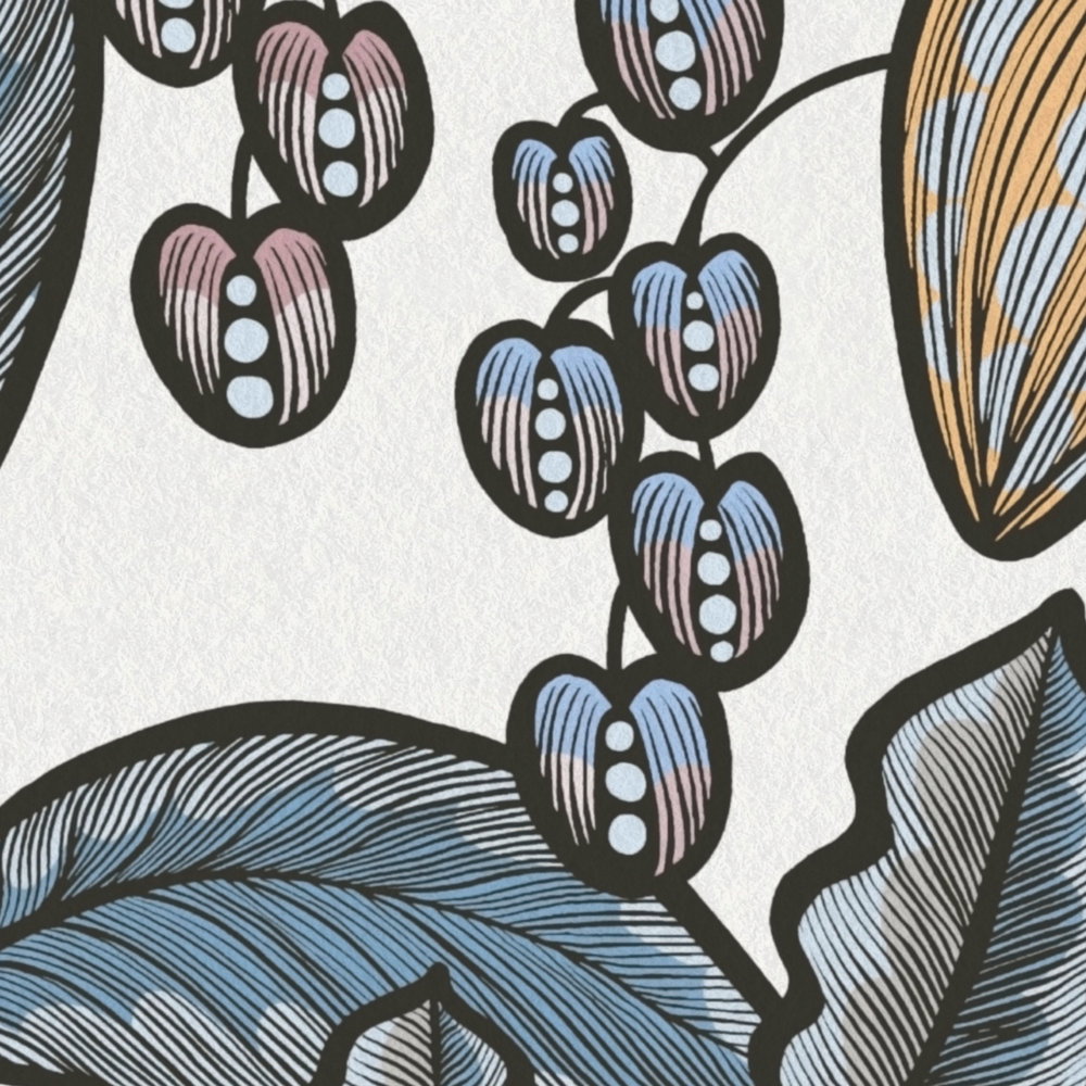             Modern behang bladeren patroon in retro look - blauw, wit, geel
        