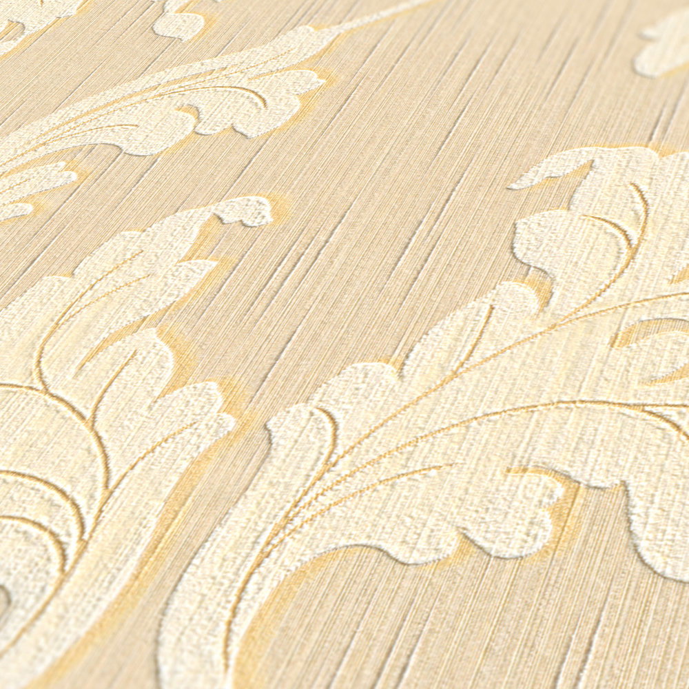             Textil Tapete mit Barock Ranken – Beige, Gelb
        