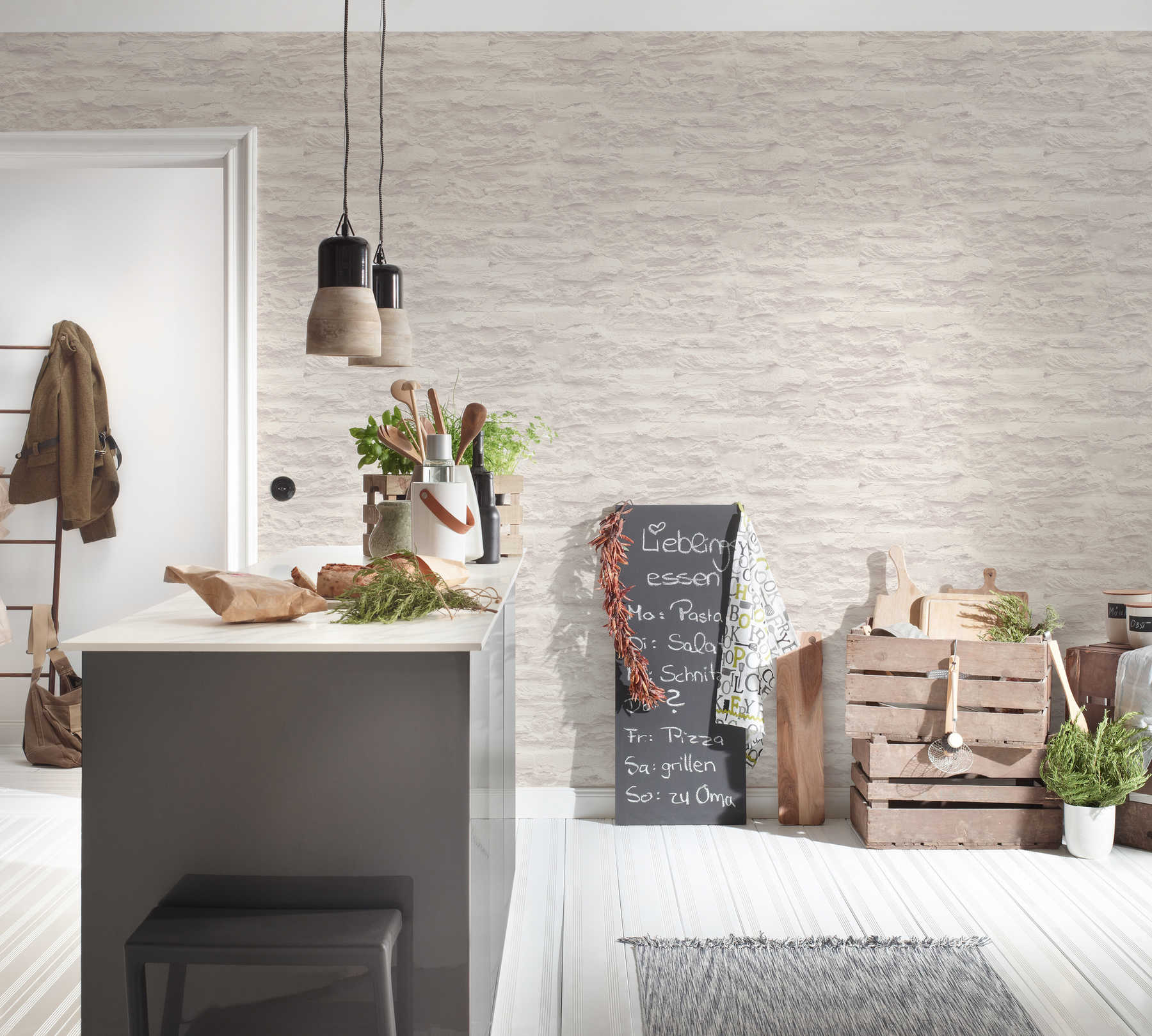             Helle Vliestapete in Mauer-Optik mit Natursteinen & Putz – Creme, Weiß
        