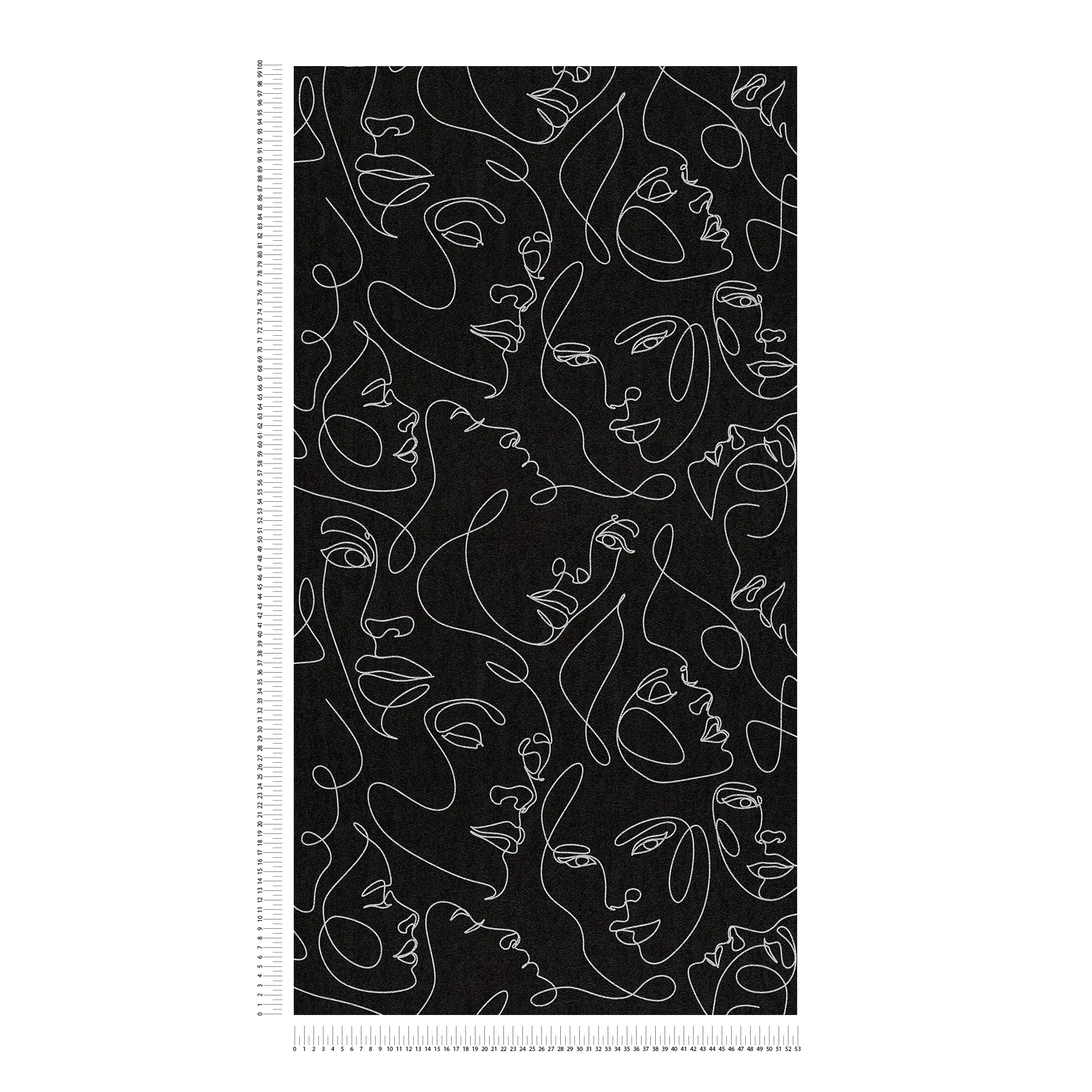 Line-Art mit abstrakten Gesichtern als Vliestapete edel glänzend und strukturiert – Schwarz, Silber, Metallic