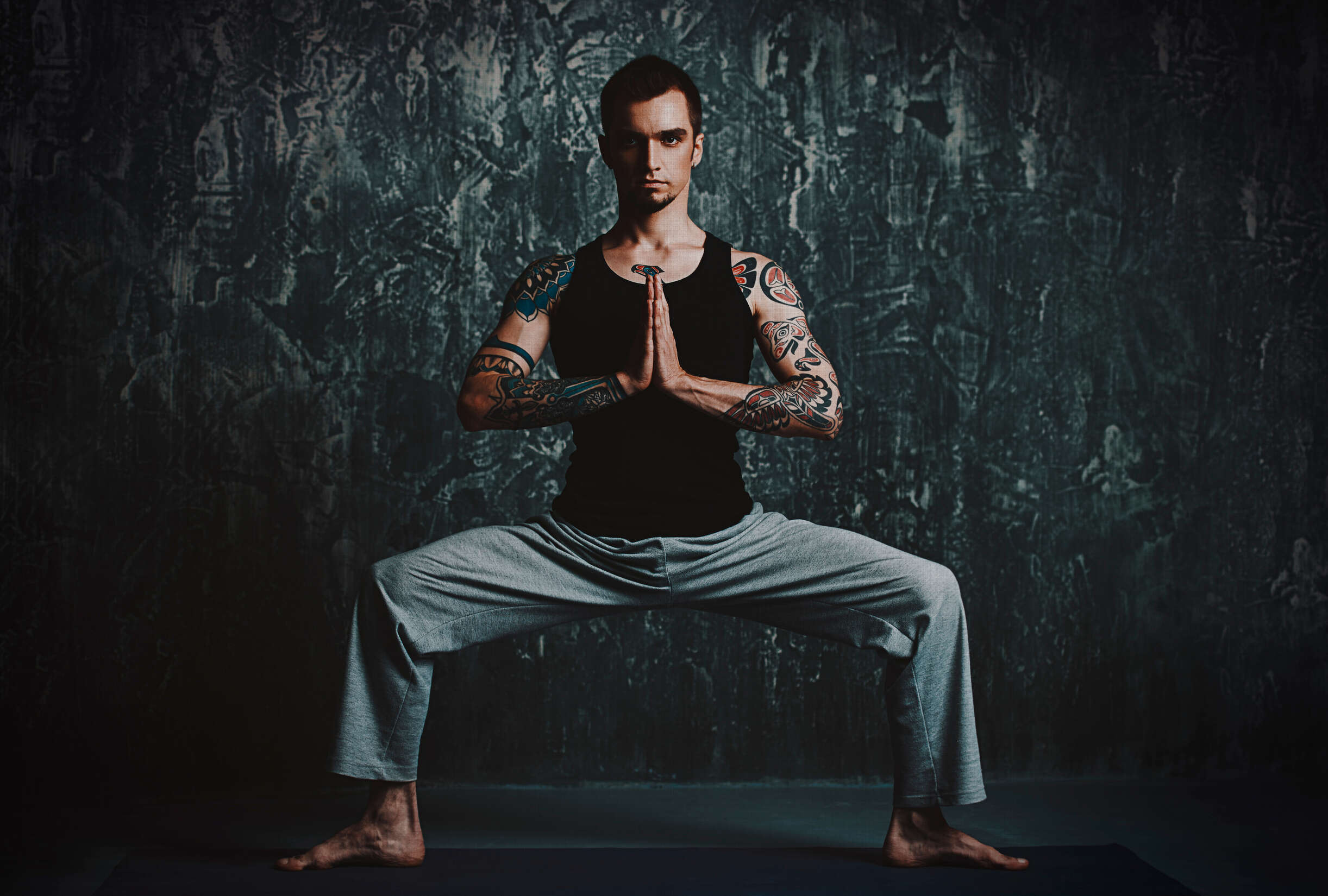 Fitness, Krieger-Yoga-Pose, Trainieren, Yoga, Tätowierung