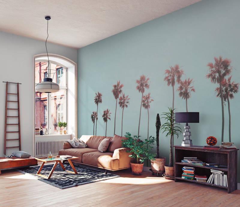 wohnzimmer, couch, Palmenwand, Lampen, Holzboden