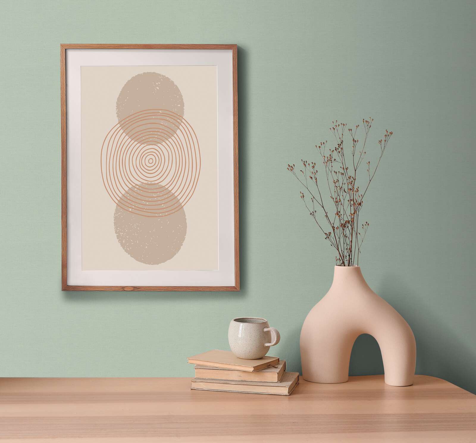 kunstdruck, geometrisch, kreise, neutrale töne, rahmen