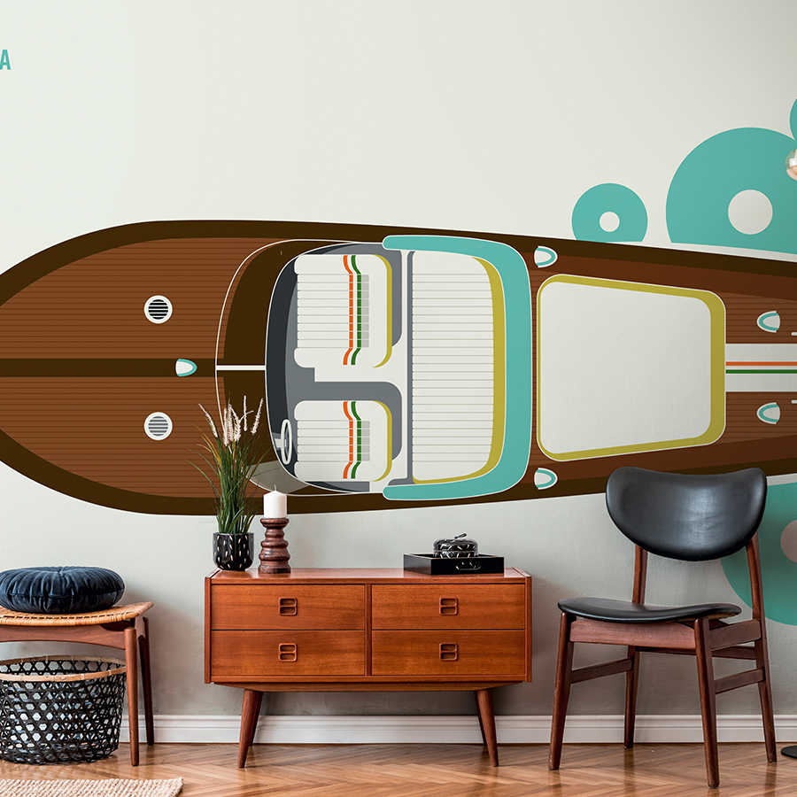 retro boat mural, wandkunst, mid-century möbel, Holzschrank, moderner stuhl