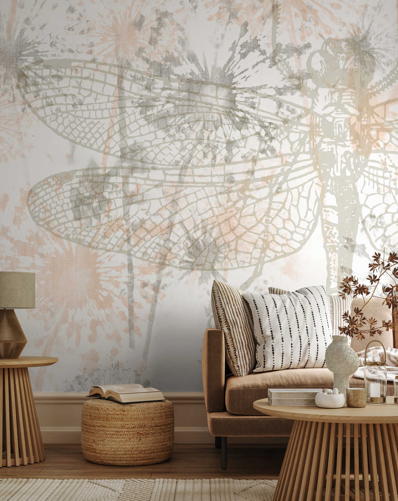 Libelle Wandbild, Wandaufkleber, neutrale Töne, Sofa, Wohnzimmer-Deko